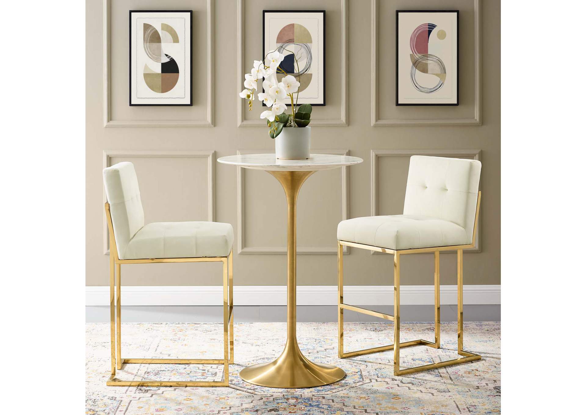 Gold Ivory Privy Gold Stainless Steel Performance Velvet Bar Stool [Set of 2],Modway