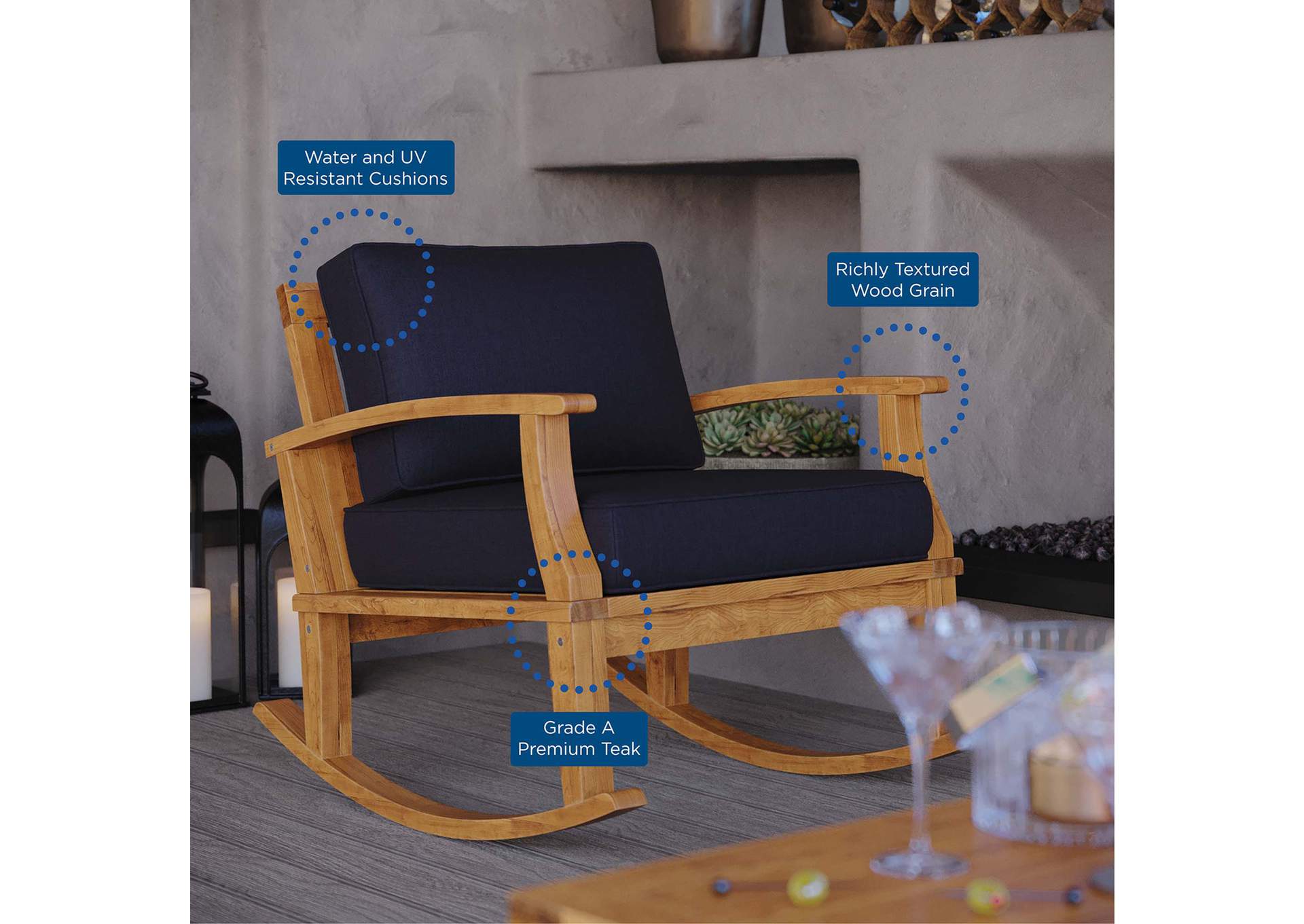 Natural Navy Marina Outdoor Patio Teak Rocking Chair,Modway