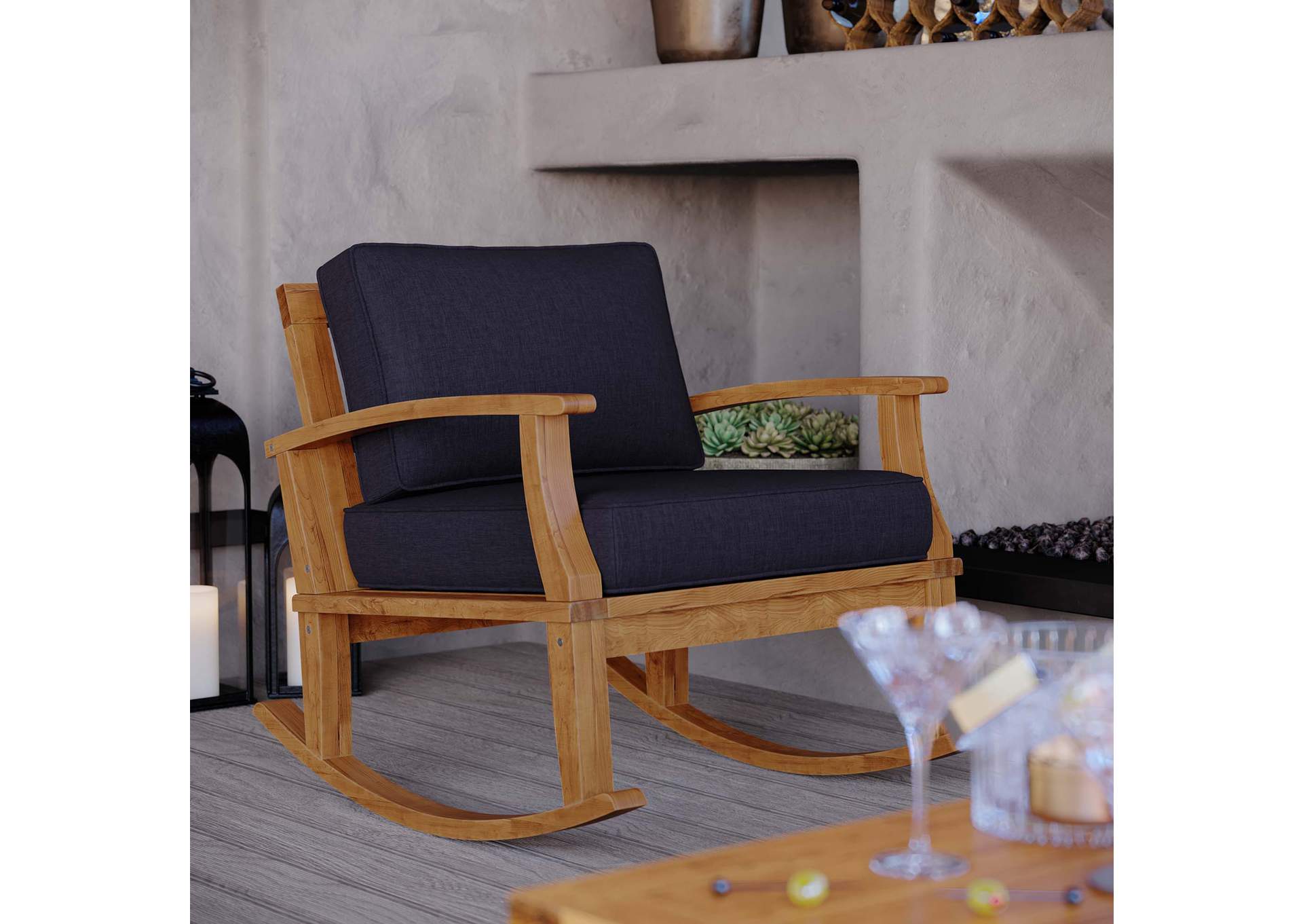 Natural Navy Marina Outdoor Patio Teak Rocking Chair,Modway