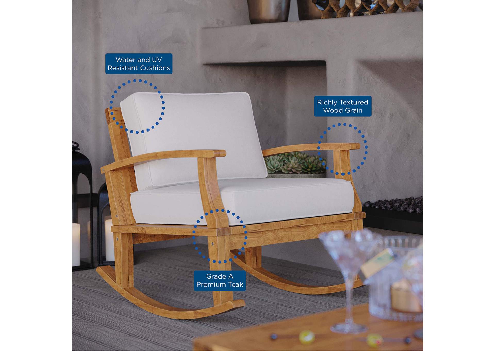 Natural White Marina Outdoor Patio Teak Rocking Chair,Modway