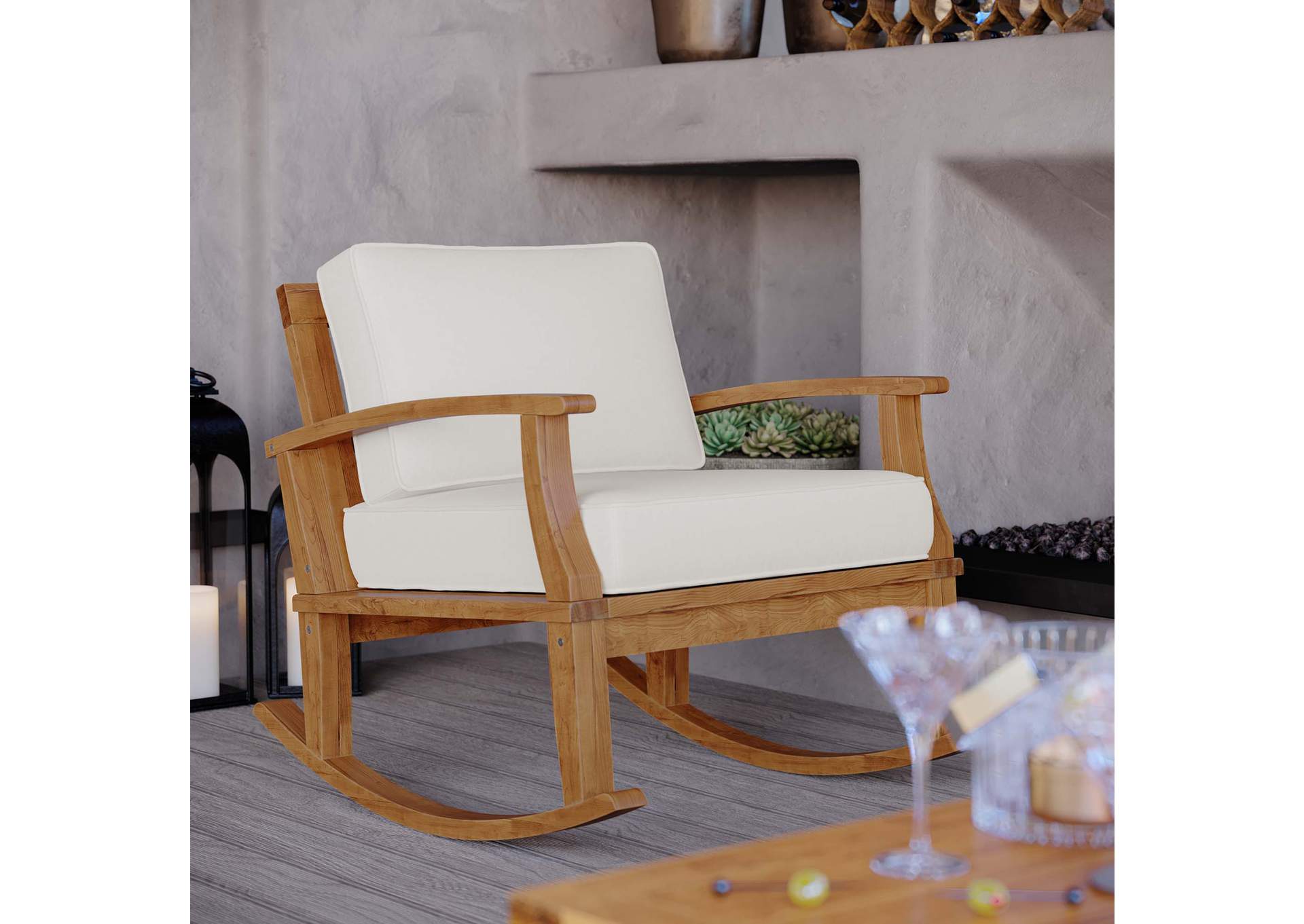 Natural White Marina Outdoor Patio Teak Rocking Chair,Modway