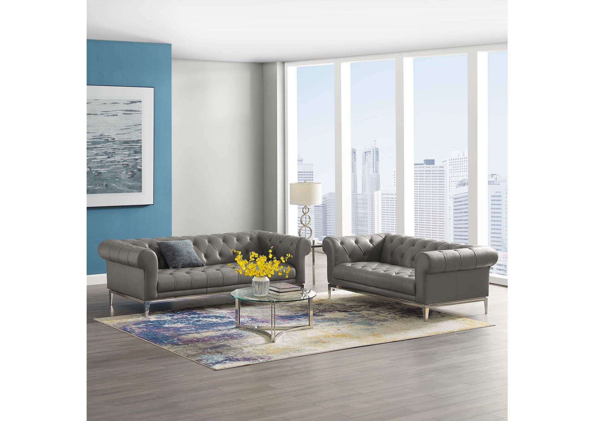 Gray Idyll Tufted Upholstered Leather Sofa and Loveseat Set,Modway