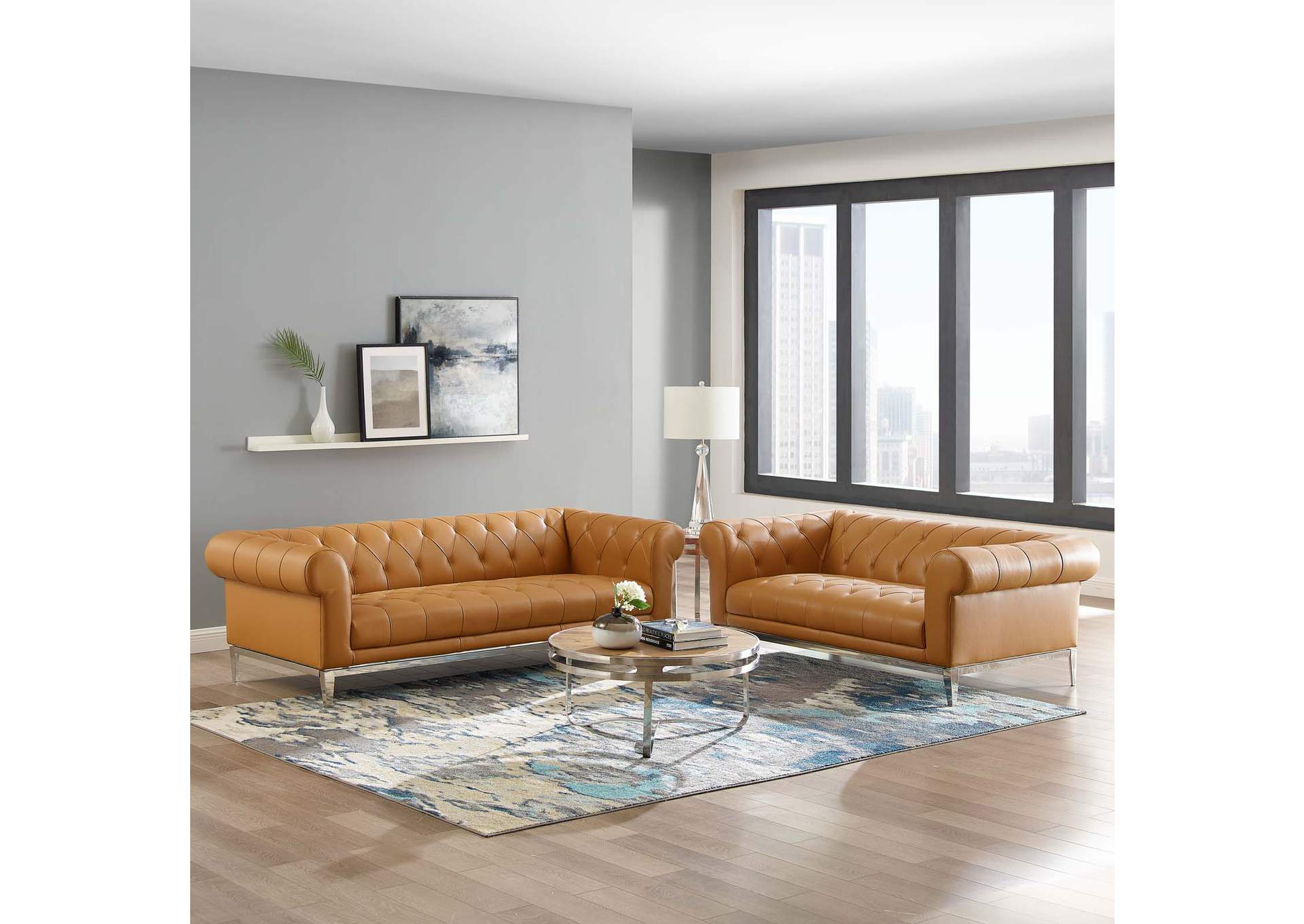 Tan Idyll Tufted Upholstered Leather Sofa and Loveseat Set,Modway