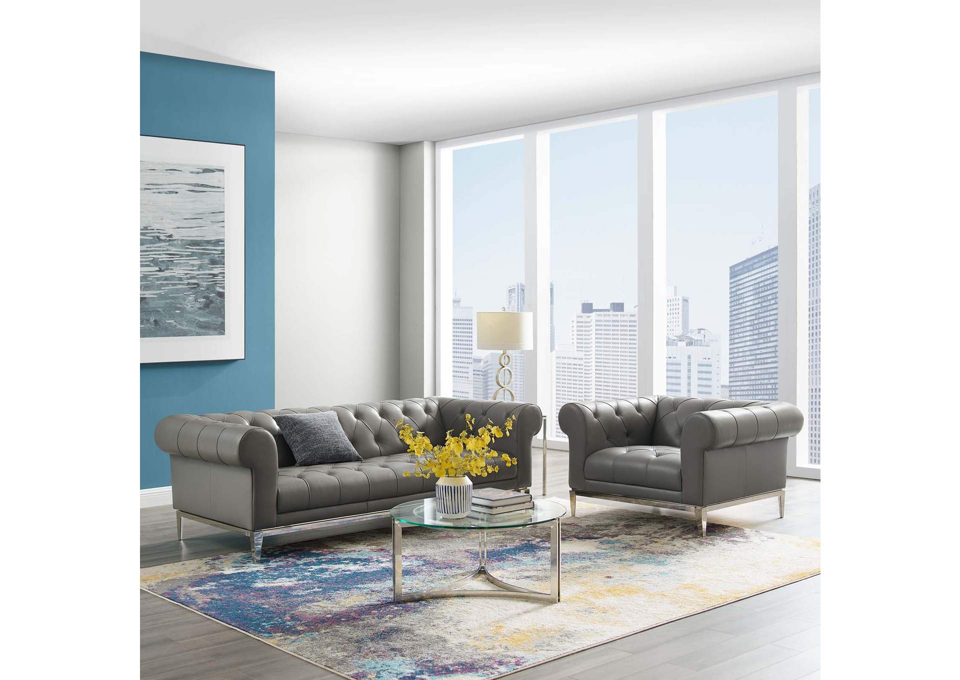 Gray Idyll Tufted Upholstered Leather Sofa and Armchair Set,Modway