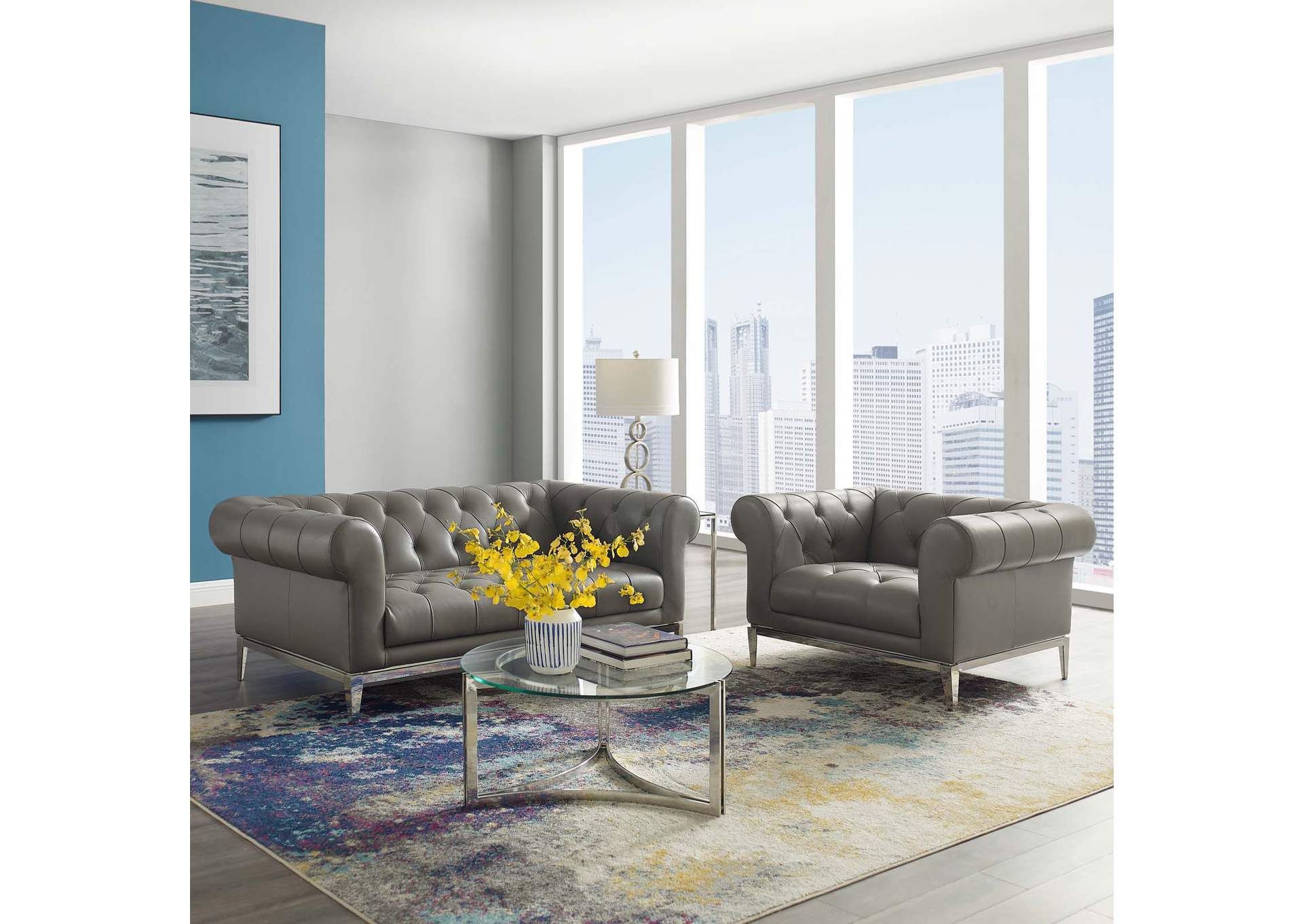 Idyll Gray Tufted Upholstered Leather Loveseat and Armchair,Modway