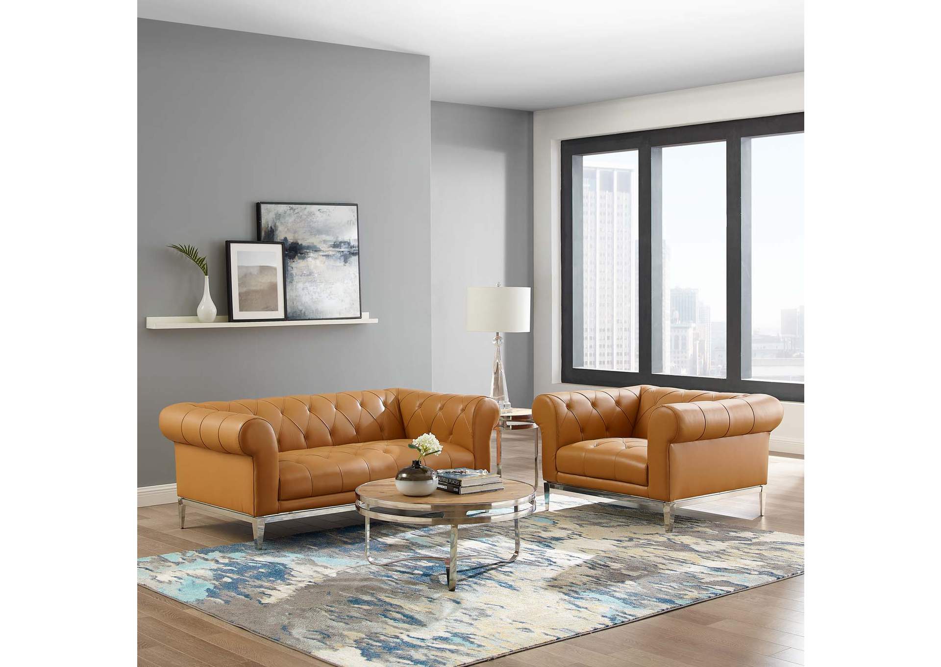 Tan Idyll Tufted Upholstered Leather Loveseat and Armchair,Modway