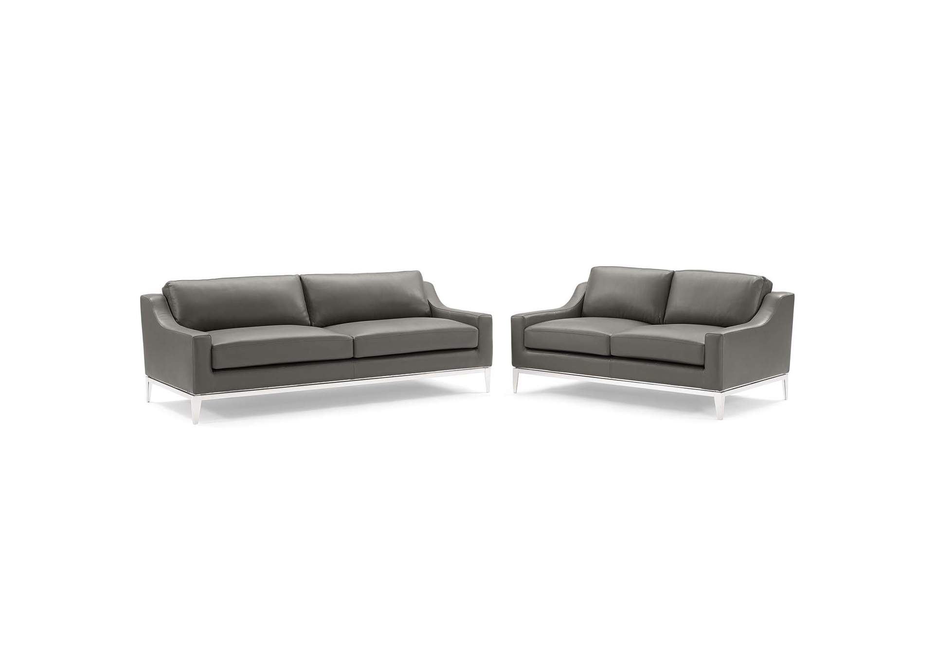 Gray Harness Stainless Steel Base Leather Sofa and Loveseat Set,Modway