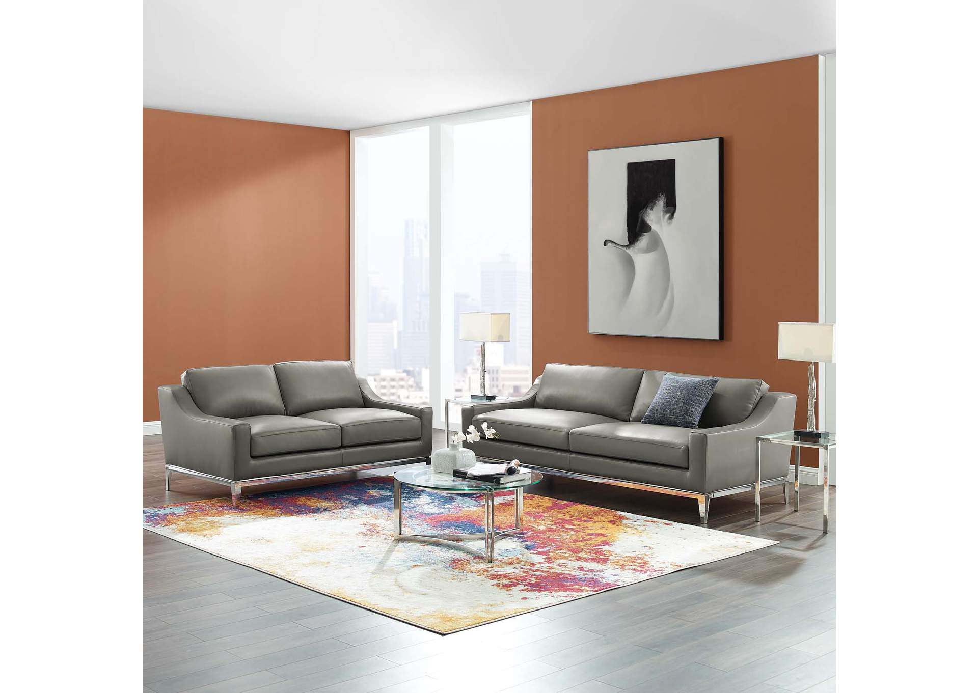 Gray Harness Stainless Steel Base Leather Sofa and Loveseat Set,Modway