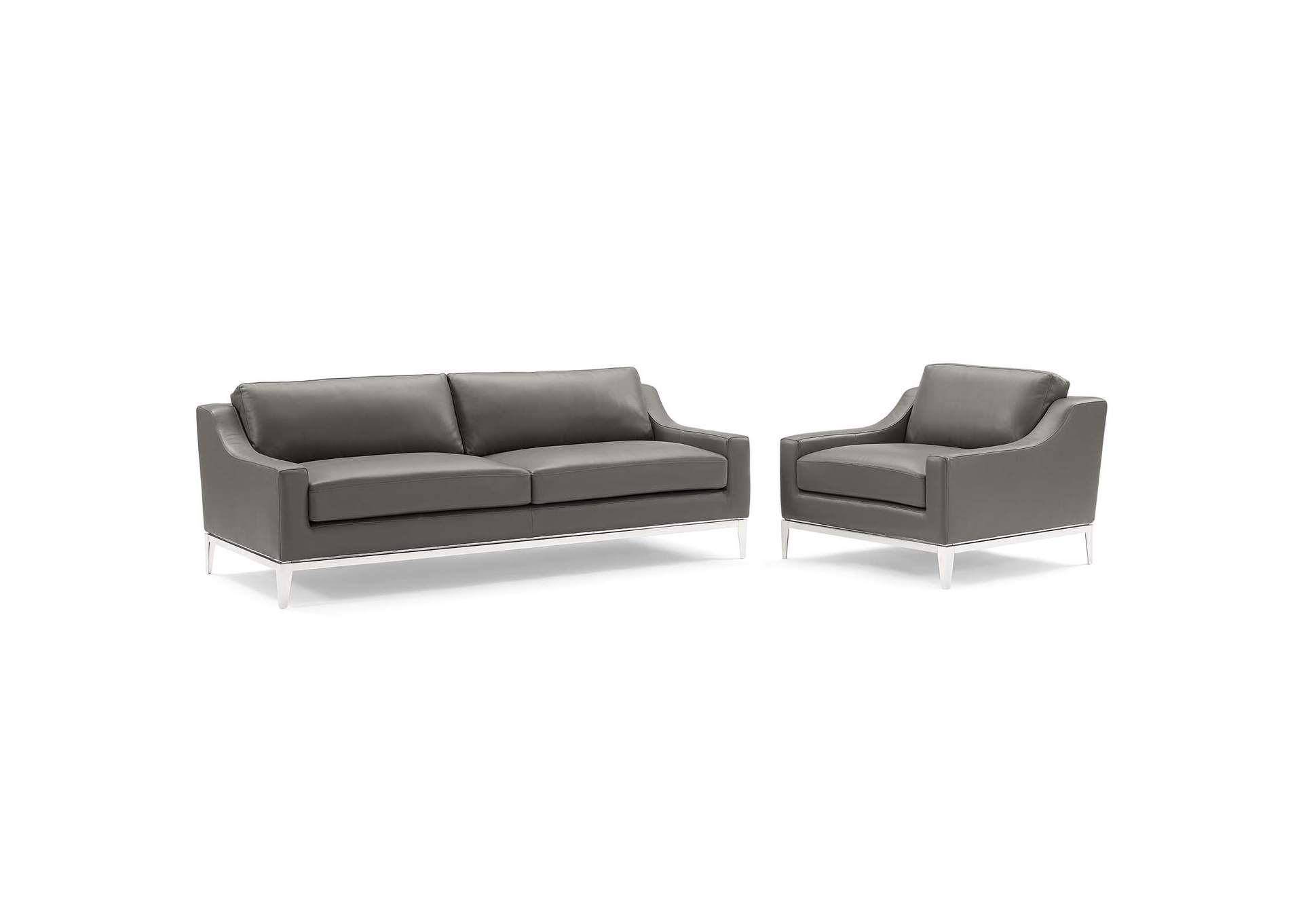 Gray Harness Stainless Steel Base Leather Sofa & Armchair Set,Modway