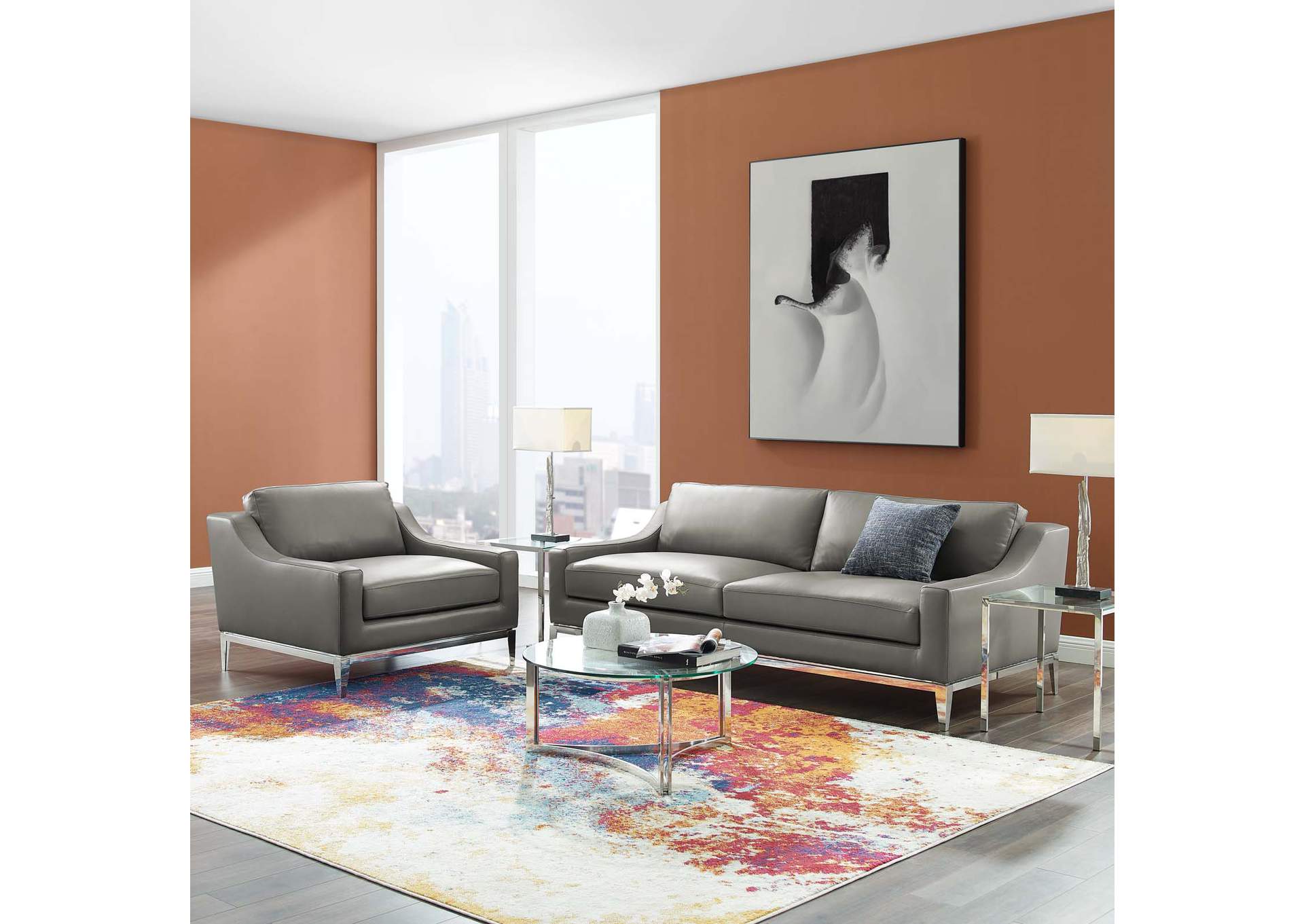 Gray Harness Stainless Steel Base Leather Sofa & Armchair Set,Modway