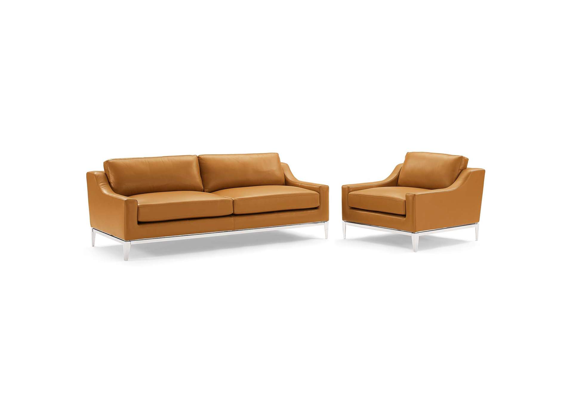 Tan Harness Stainless Steel Base Leather Sofa & Armchair Set,Modway
