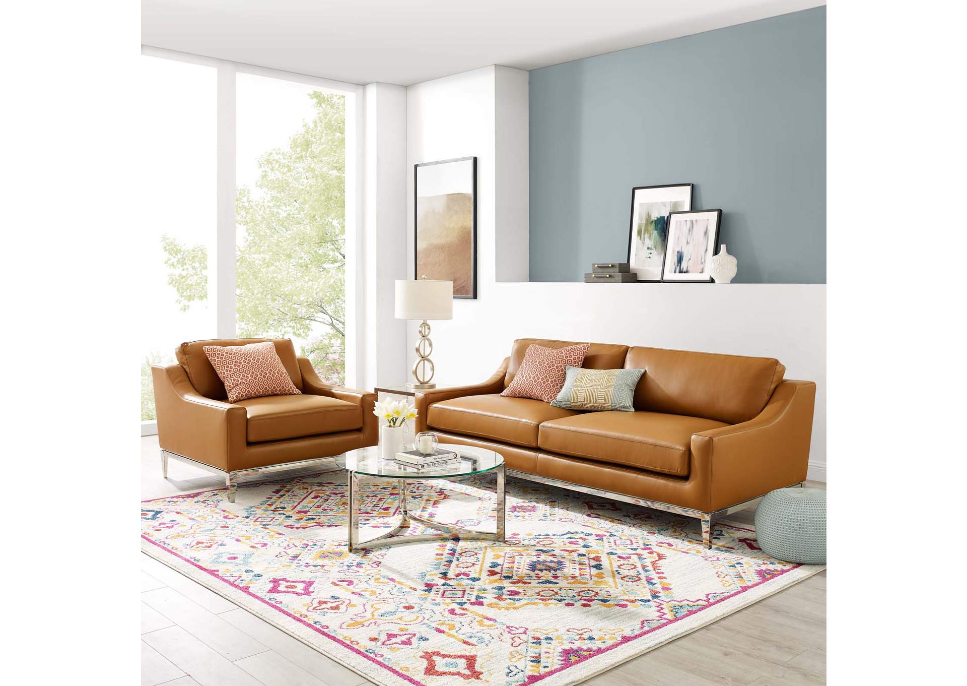 Tan Harness Stainless Steel Base Leather Sofa & Armchair Set,Modway