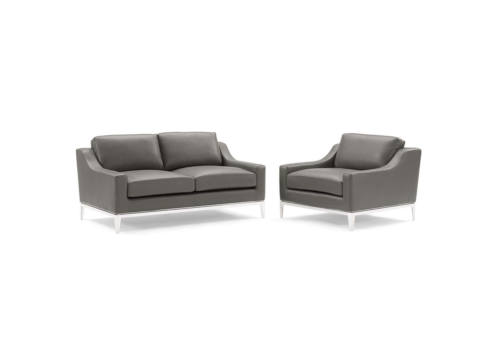 Gray Harness Stainless Steel Base Leather Loveseat & Armchair Set,Modway