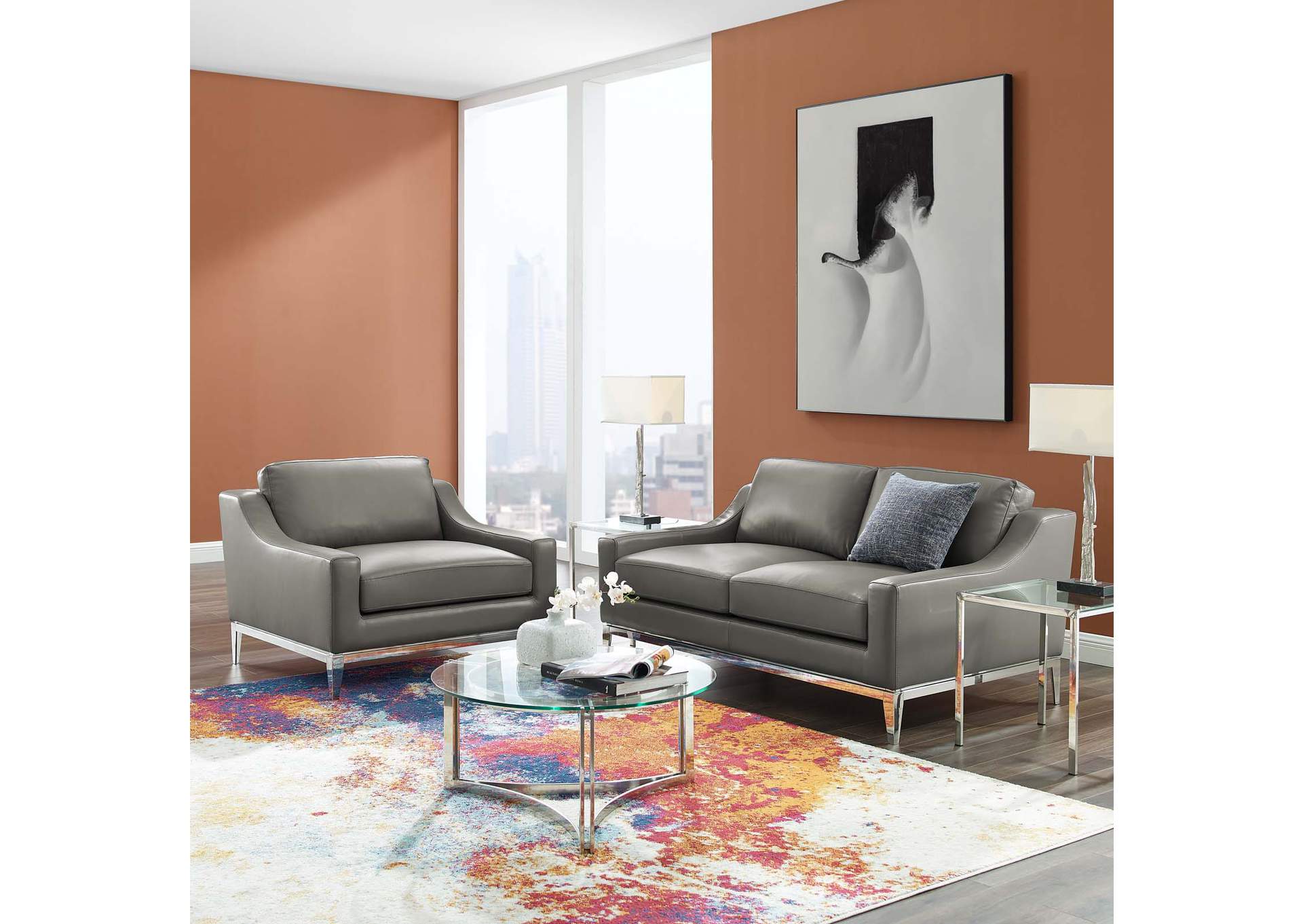 Gray Harness Stainless Steel Base Leather Loveseat & Armchair Set,Modway