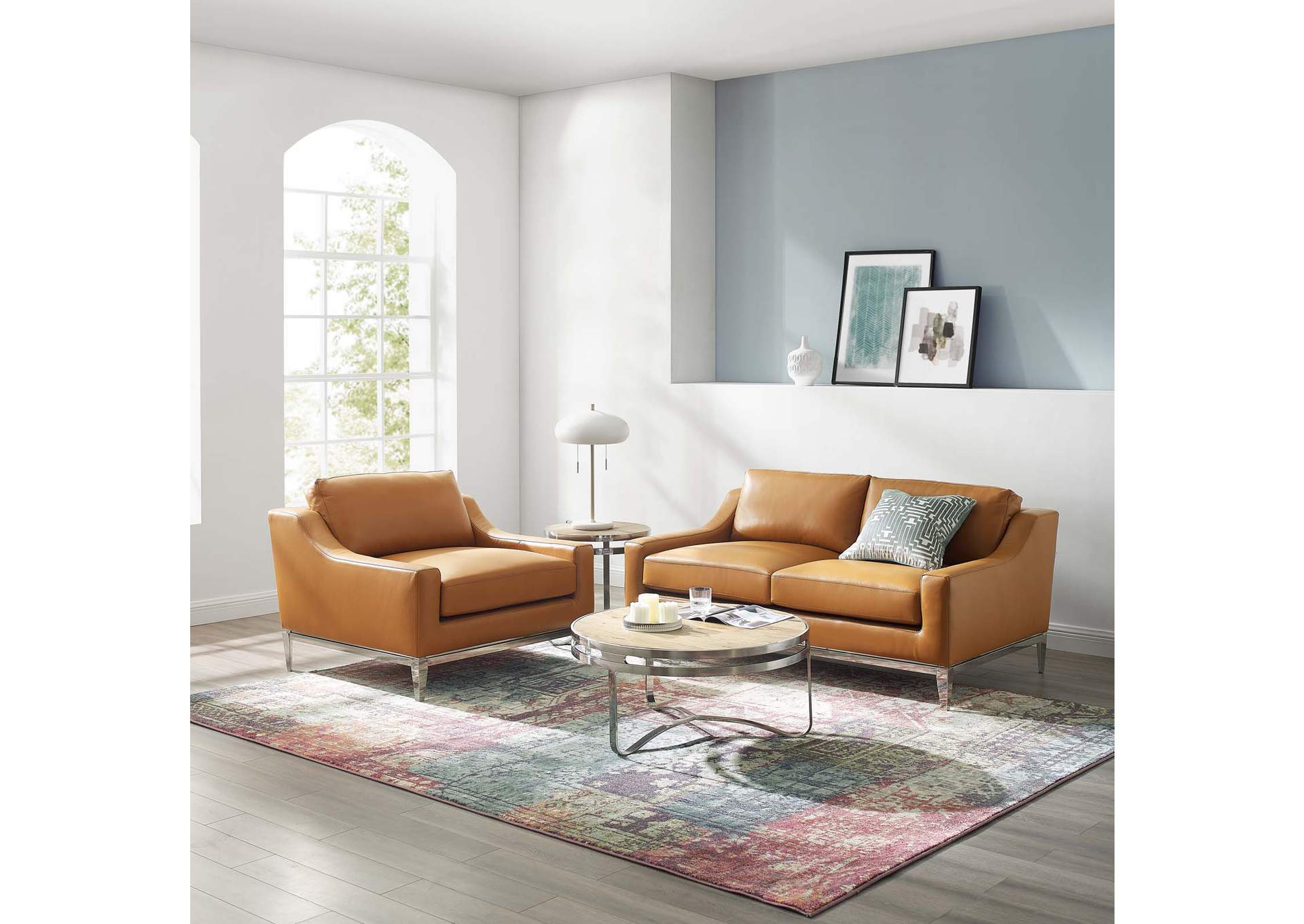 Tan Harness Stainless Steel Base Leather Loveseat & Armchair Set,Modway