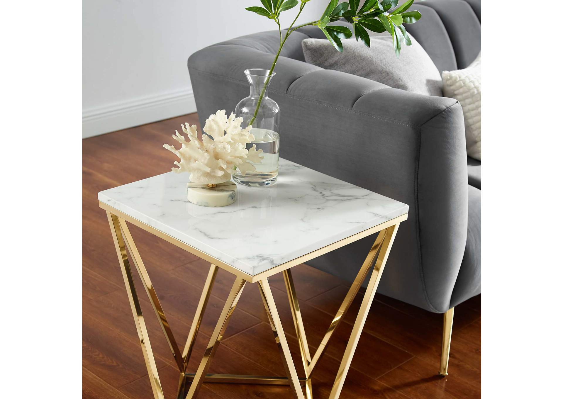 Gold White Vertex Gold Metal Stainless Steel End Table,Modway