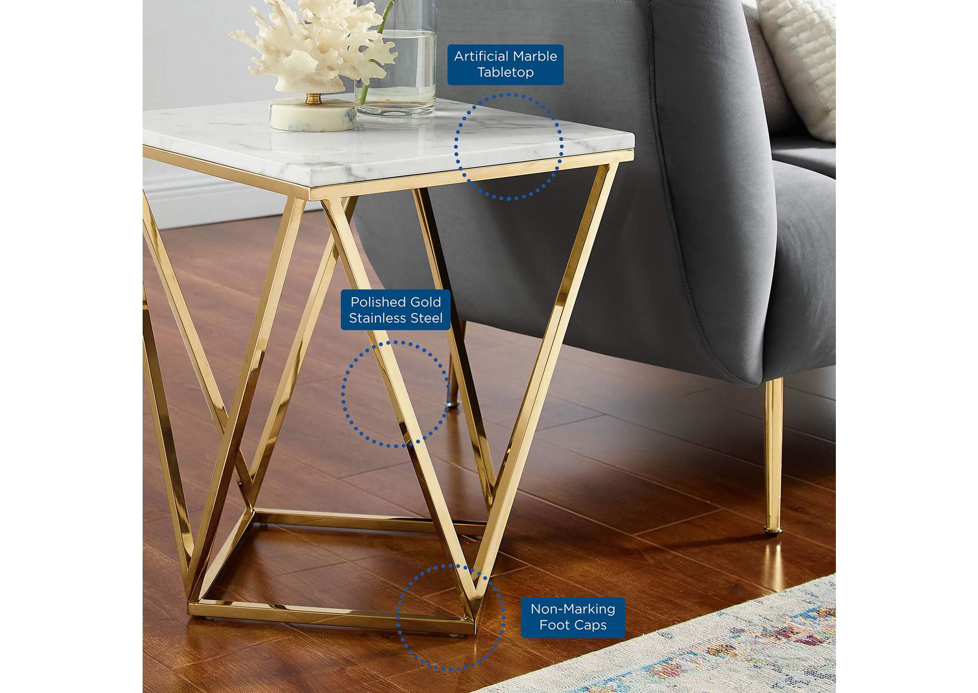 Gold White Vertex Gold Metal Stainless Steel End Table,Modway