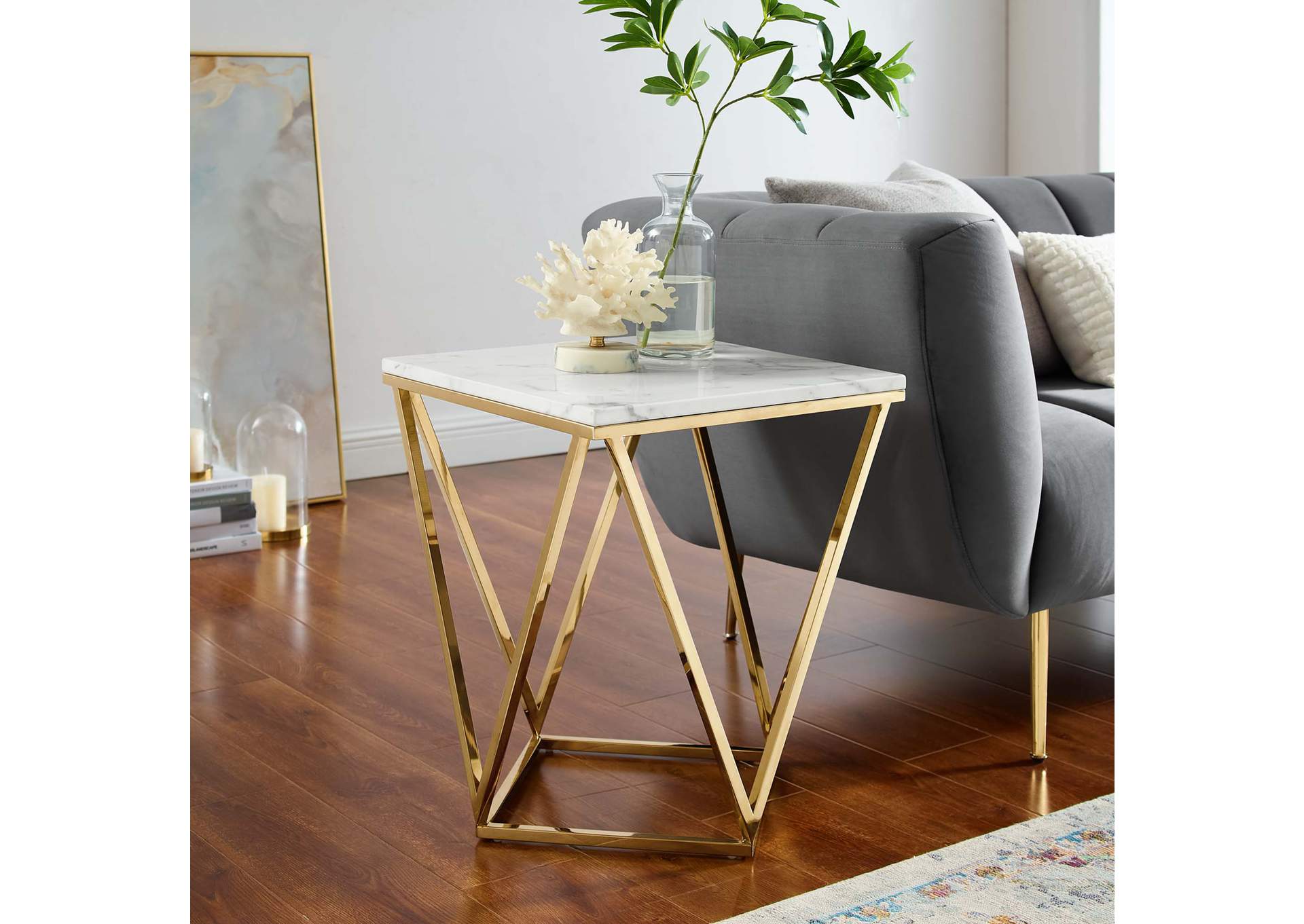 Gold White Vertex Gold Metal Stainless Steel End Table,Modway