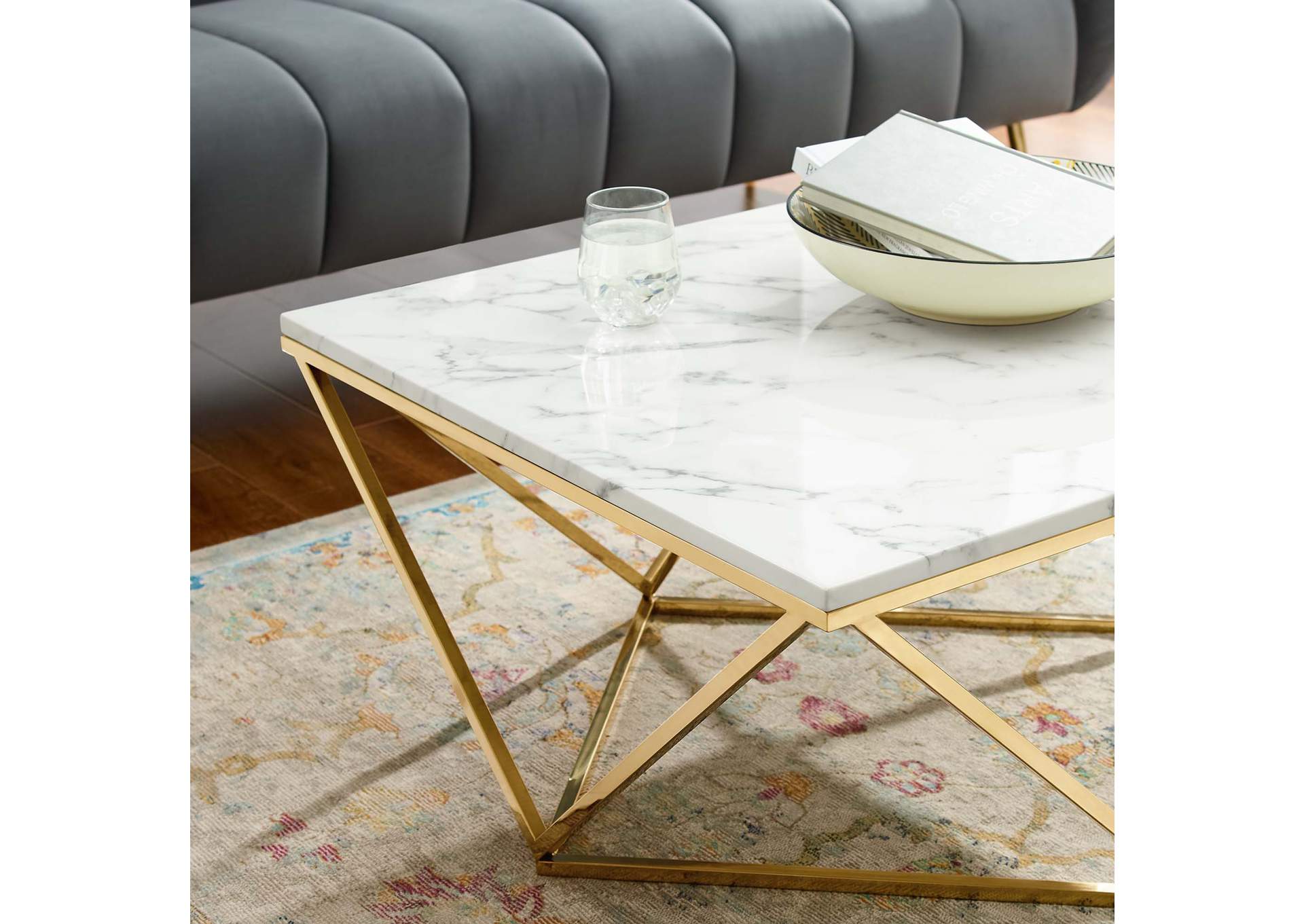 Gold White Vertex Gold Metal Stainless Steel Coffee Table,Modway