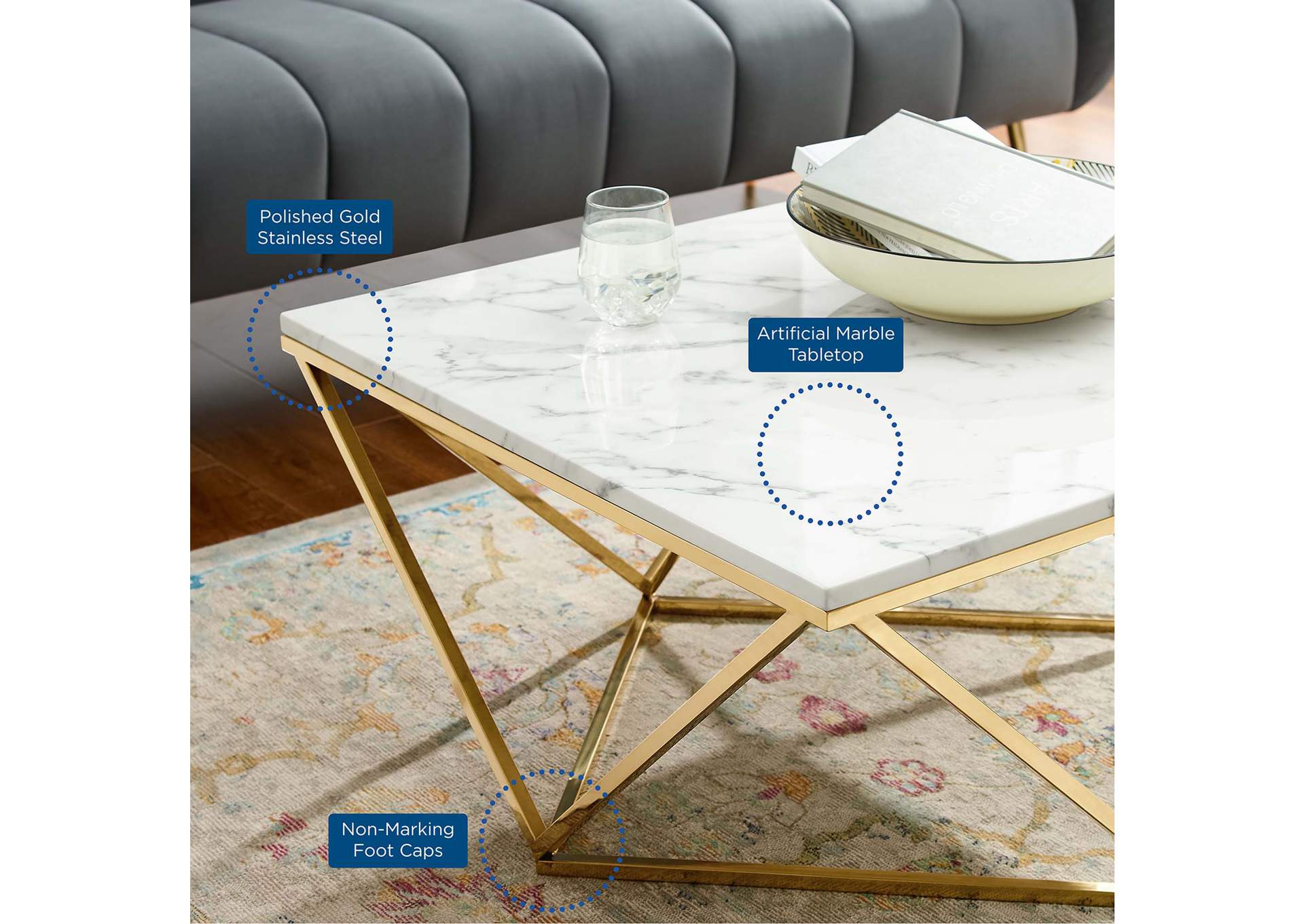 Gold White Vertex Gold Metal Stainless Steel Coffee Table,Modway