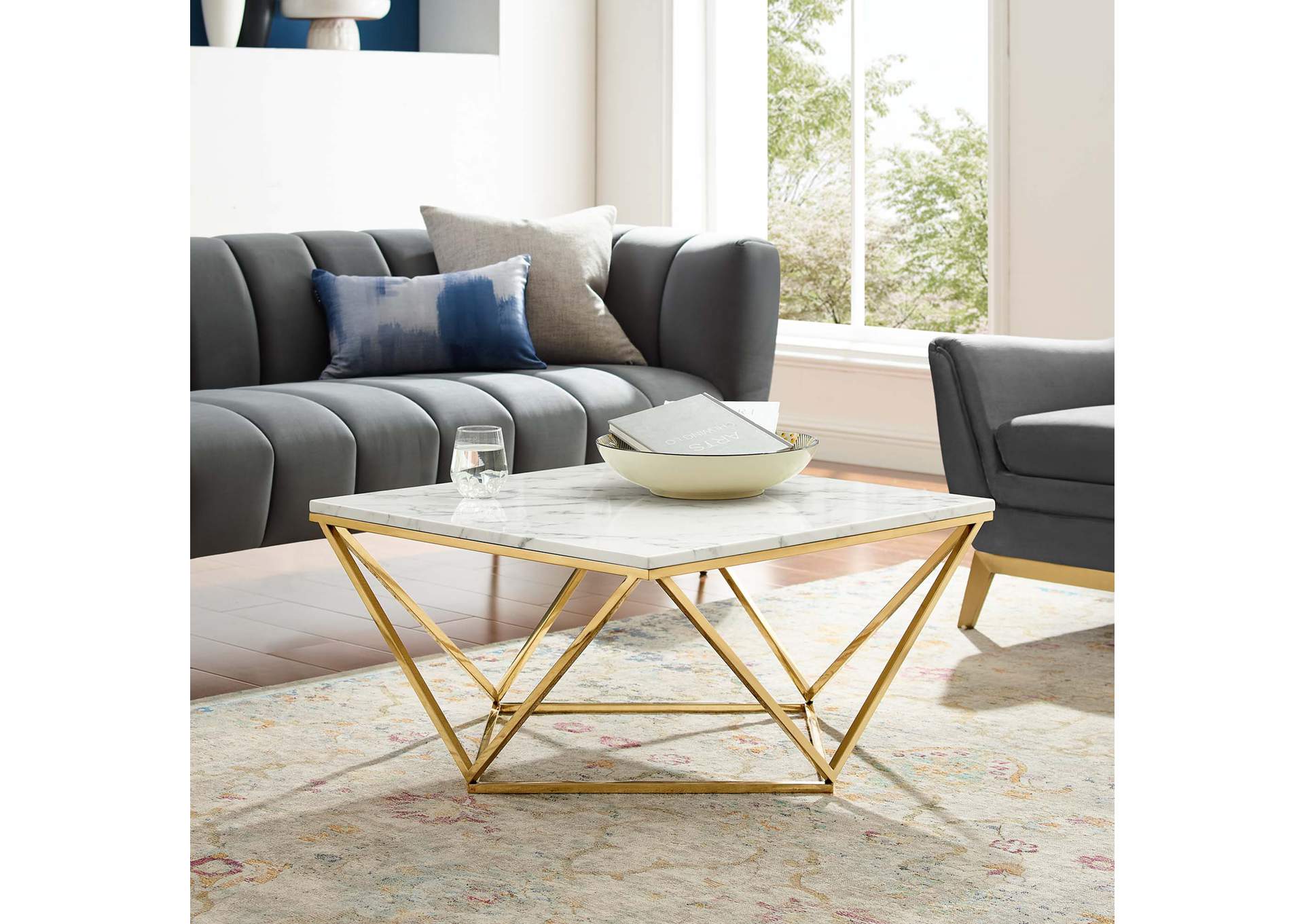Gold White Vertex Gold Metal Stainless Steel Coffee Table,Modway