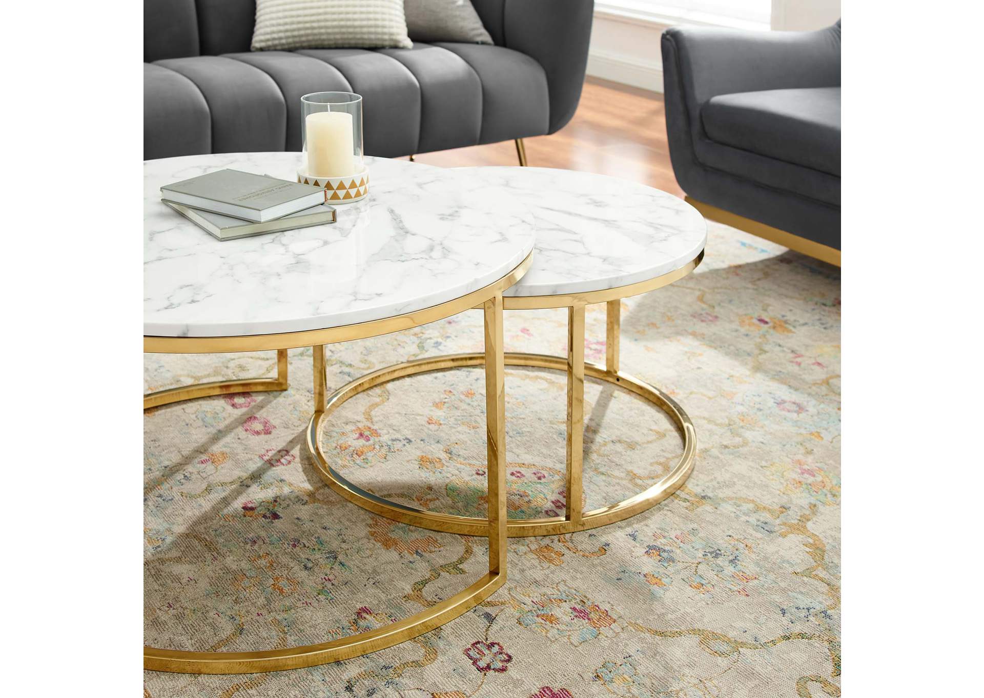 Gold White Ravenna Artificial Marble Nesting Coffee Table,Modway