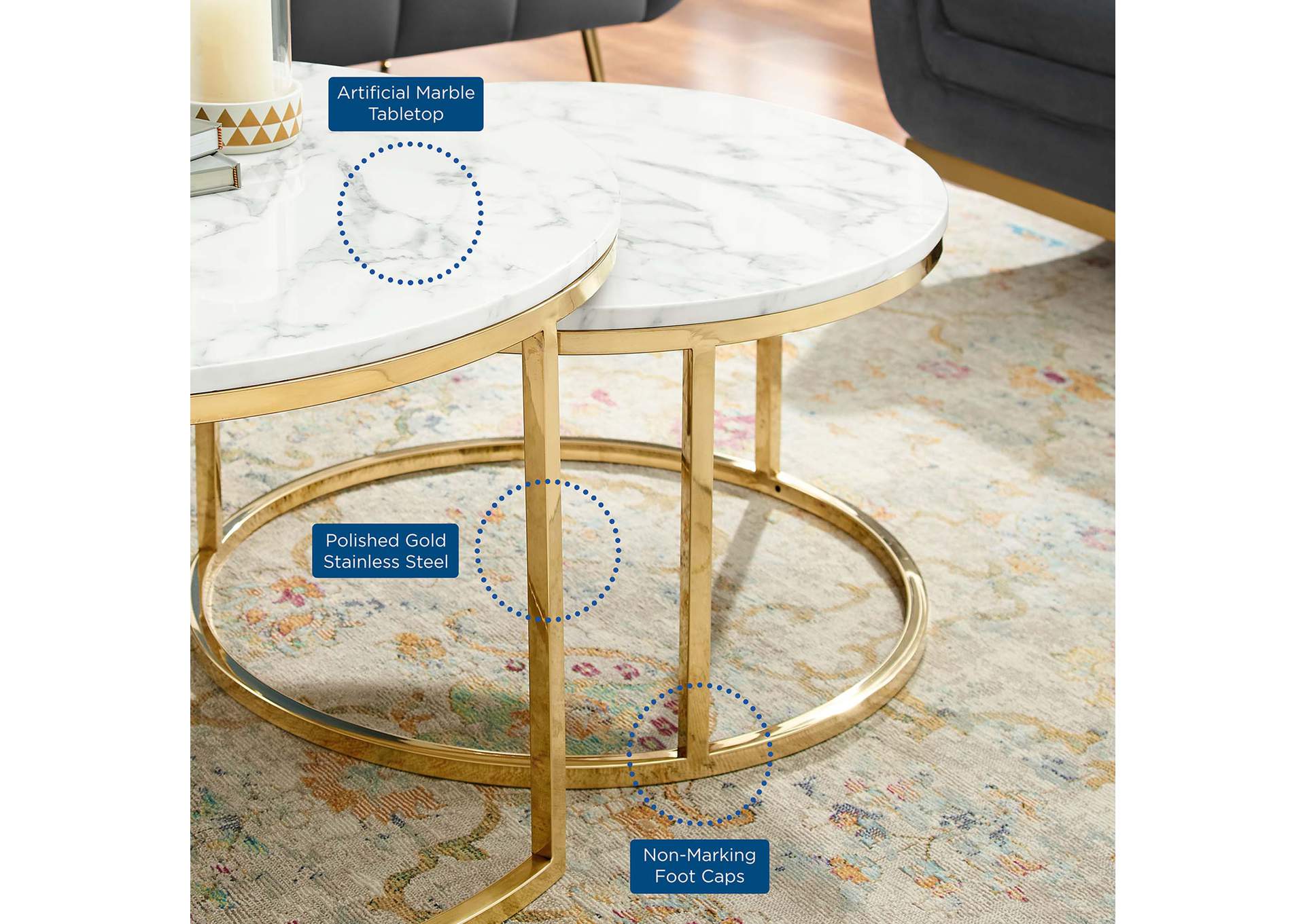 Gold White Ravenna Artificial Marble Nesting Coffee Table,Modway
