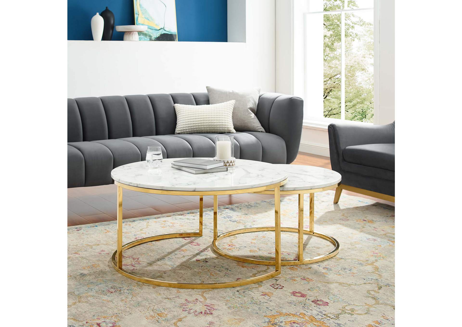 Gold White Ravenna Artificial Marble Nesting Coffee Table,Modway