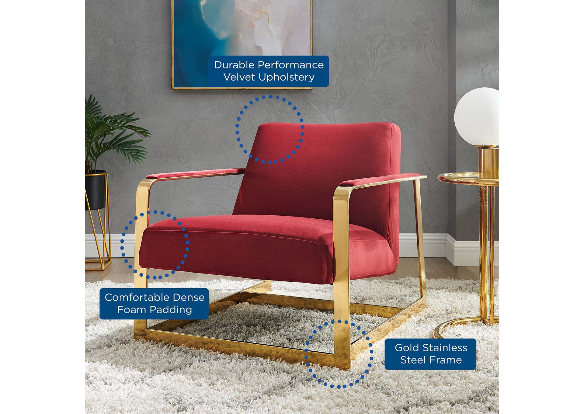 Gold Maroon Seg Performance Velvet Accent Chair,Modway