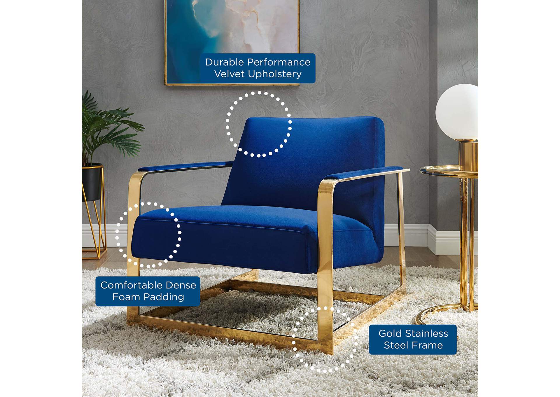 Gold Navy Seg Performance Velvet Accent Chair,Modway