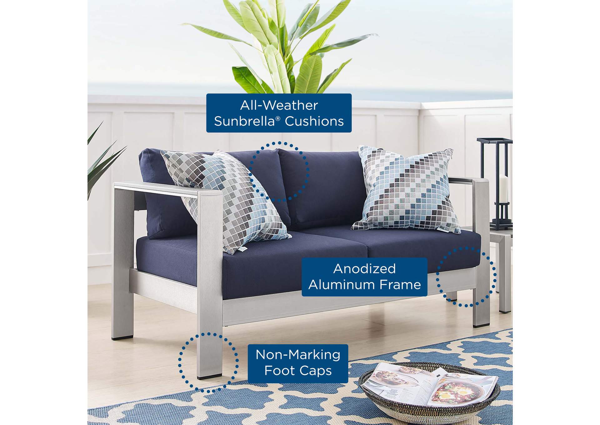 Silver Navy Shore Sunbrella,Modway