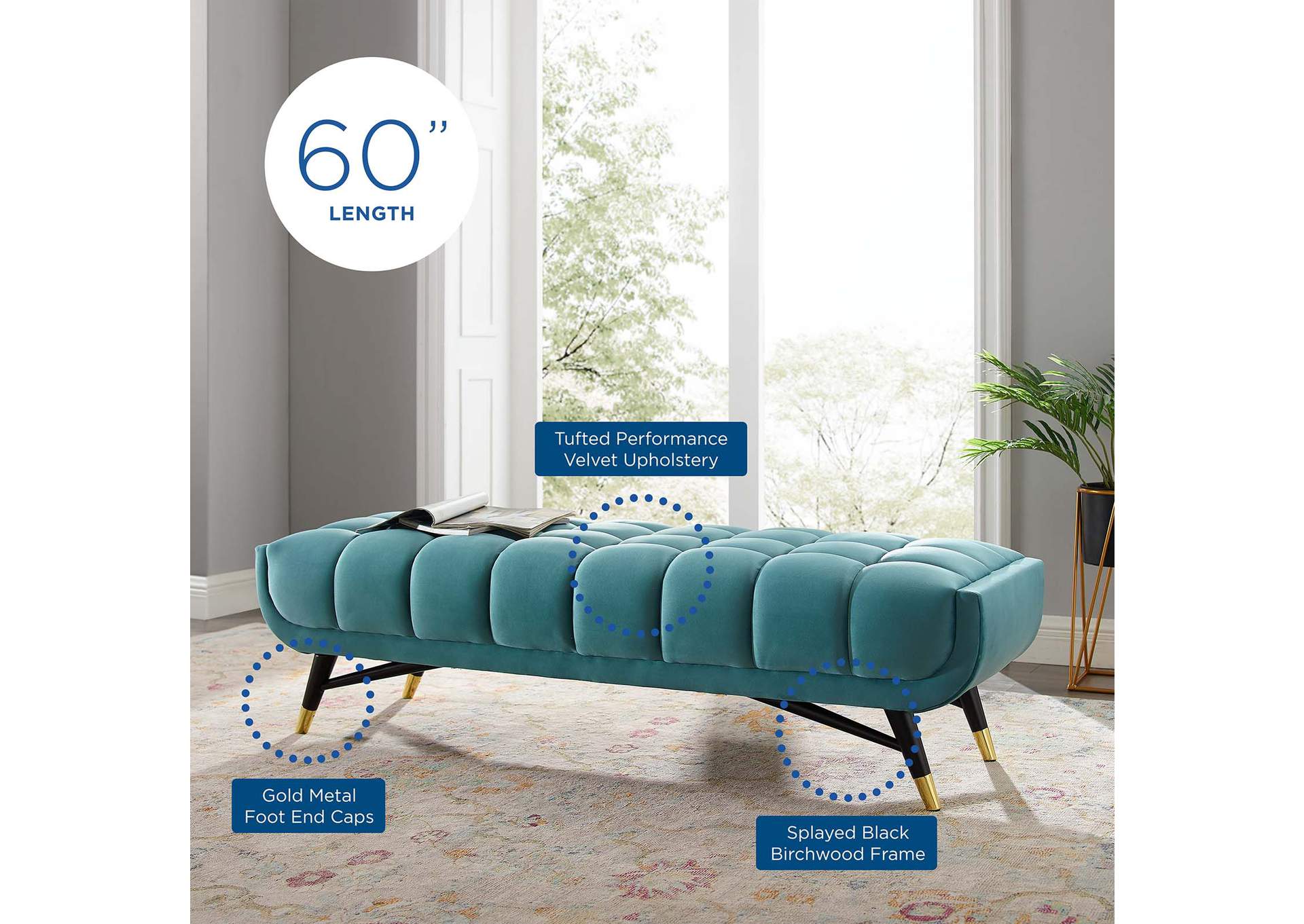 Sea Blue Adept 60" Performance Velvet Bench,Modway
