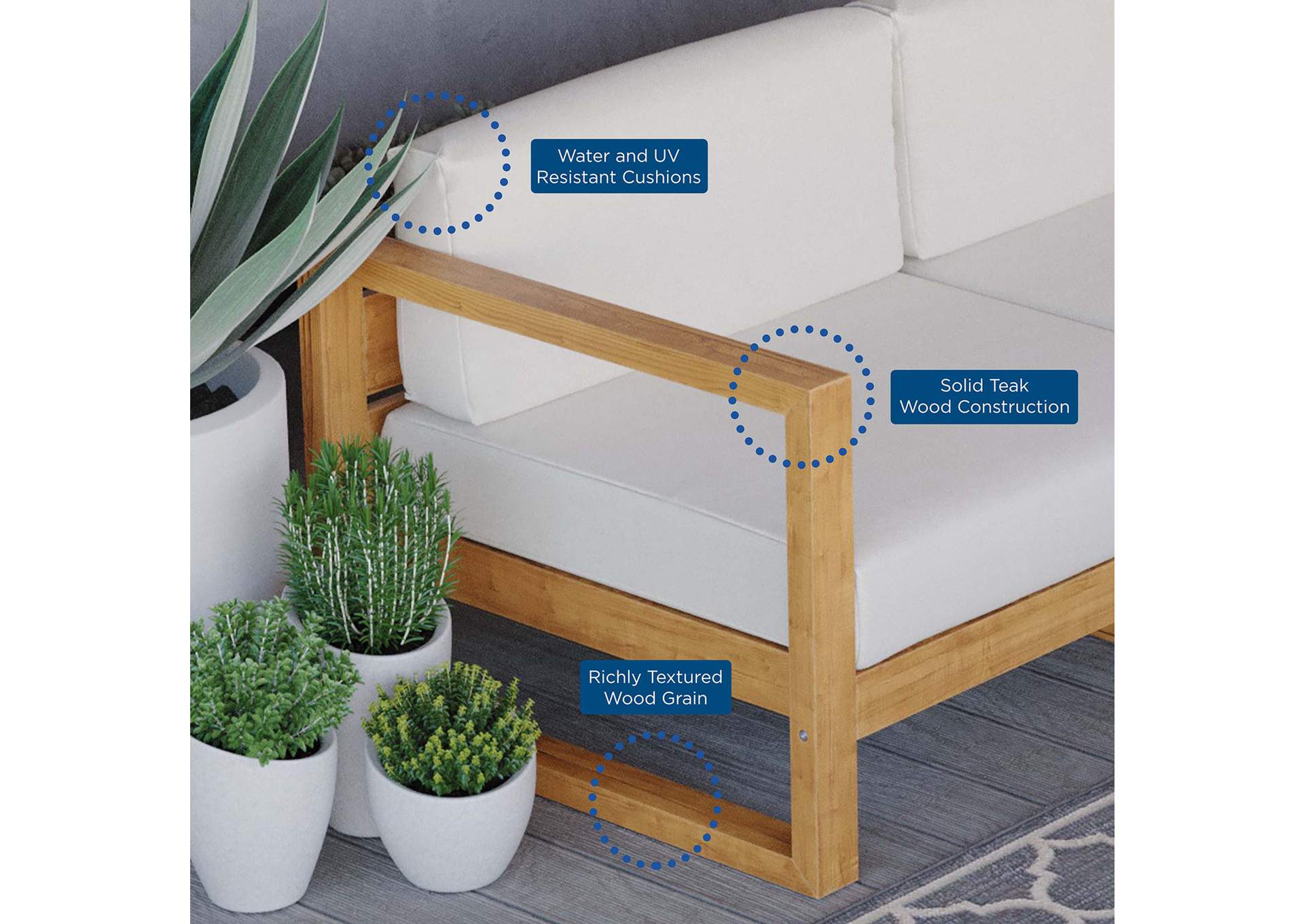 Natural White Upland Outdoor Patio Teak Wood 4-Piece Sectional Sofa Set,Modway