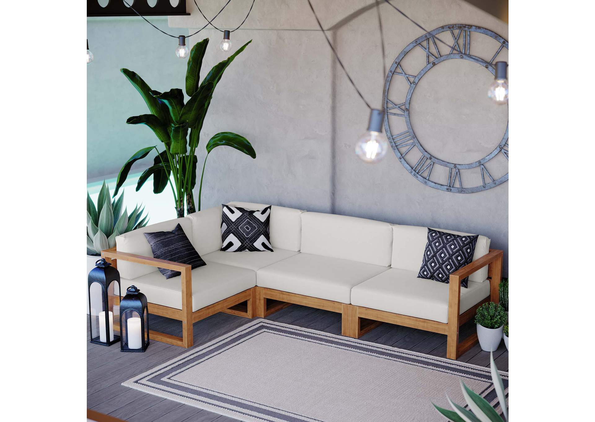 Natural White Upland Outdoor Patio Teak Wood 4-Piece Sectional Sofa Set,Modway