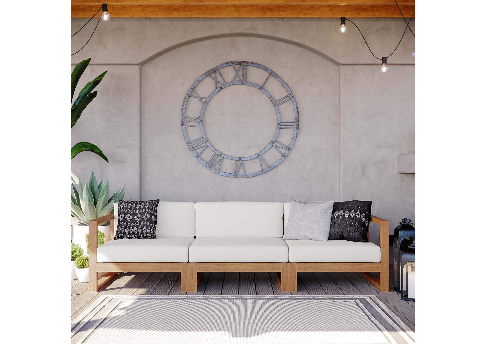 Natural White Upland Outdoor Patio Teak Wood 3-Piece Sectional Sofa Set,Modway