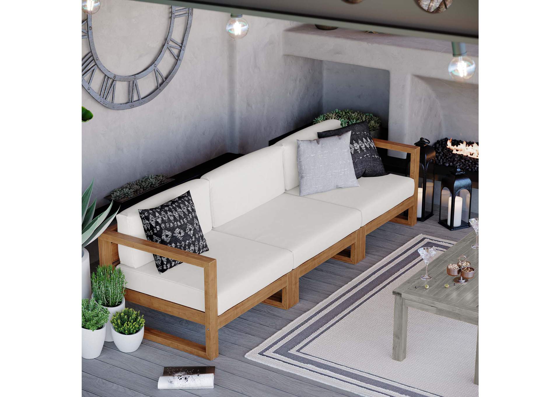 Natural White Upland Outdoor Patio Teak Wood 3-Piece Sectional Sofa Set,Modway