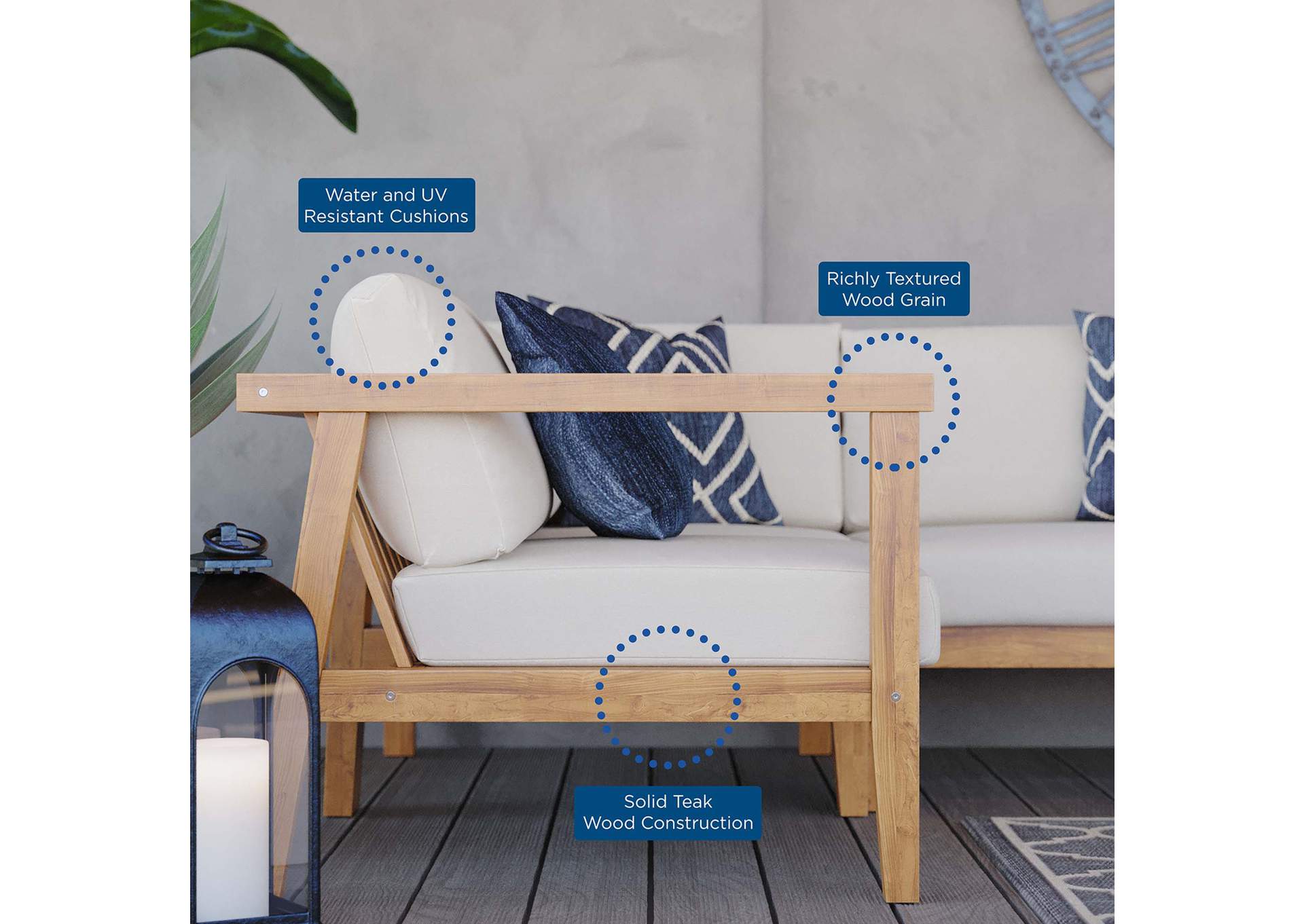 Natural White Bayport Outdoor Patio Teak Wood 3-Piece Sectional Sofa Set,Modway