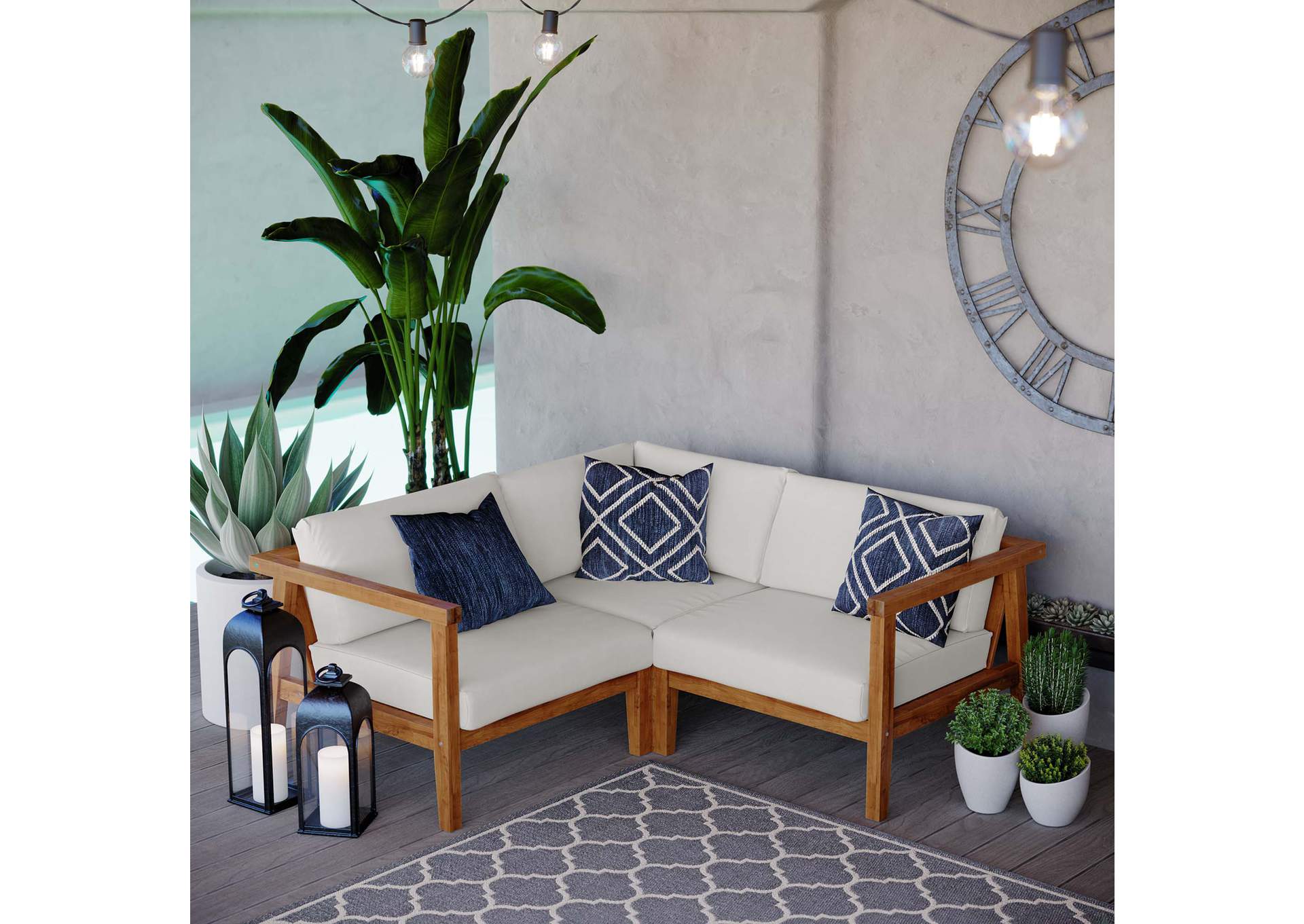 Natural White Bayport Outdoor Patio Teak Wood 3-Piece Sectional Sofa Set,Modway