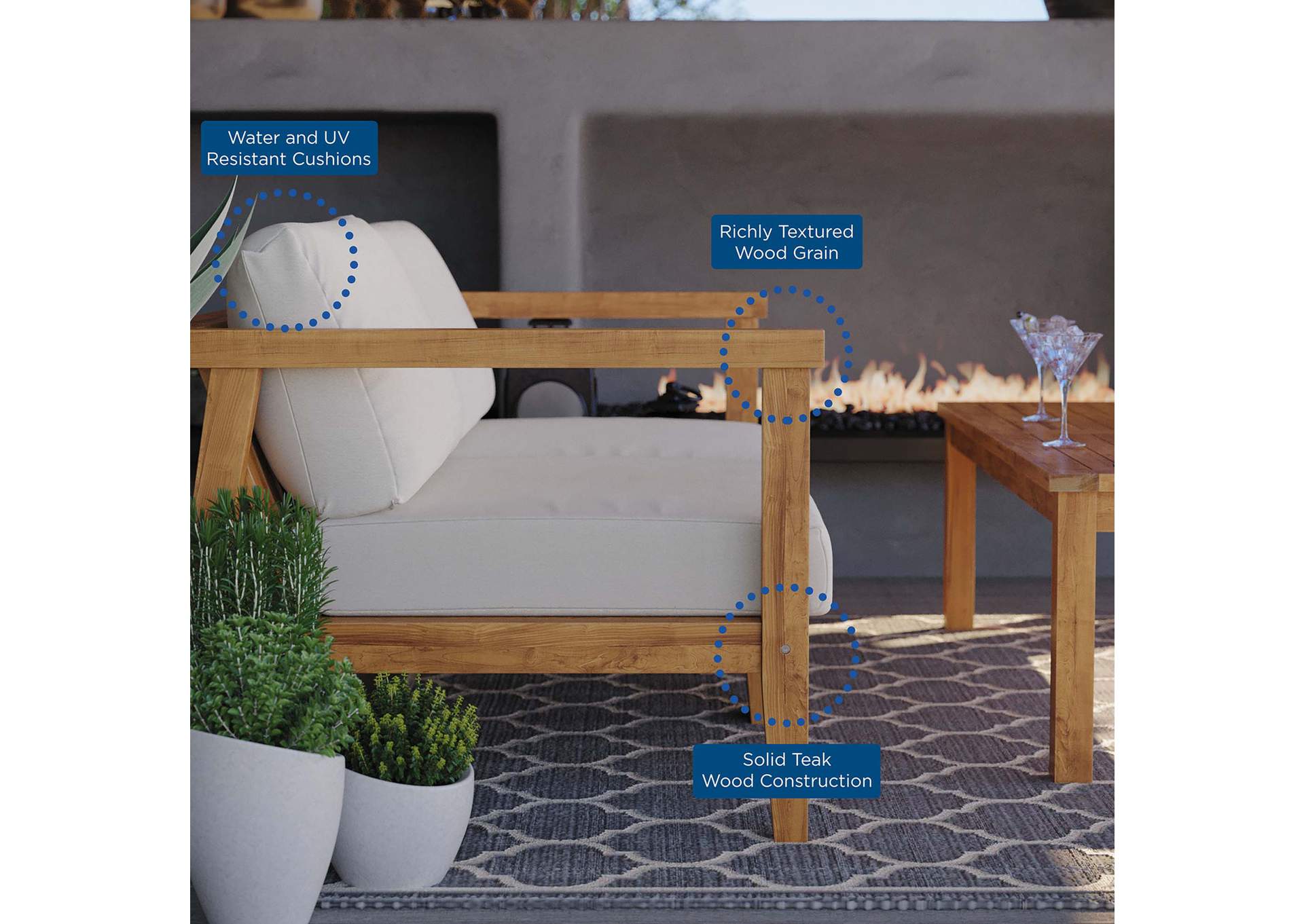 Natural White Bayport Outdoor Patio Teak Wood 2-Seater Loveseat,Modway