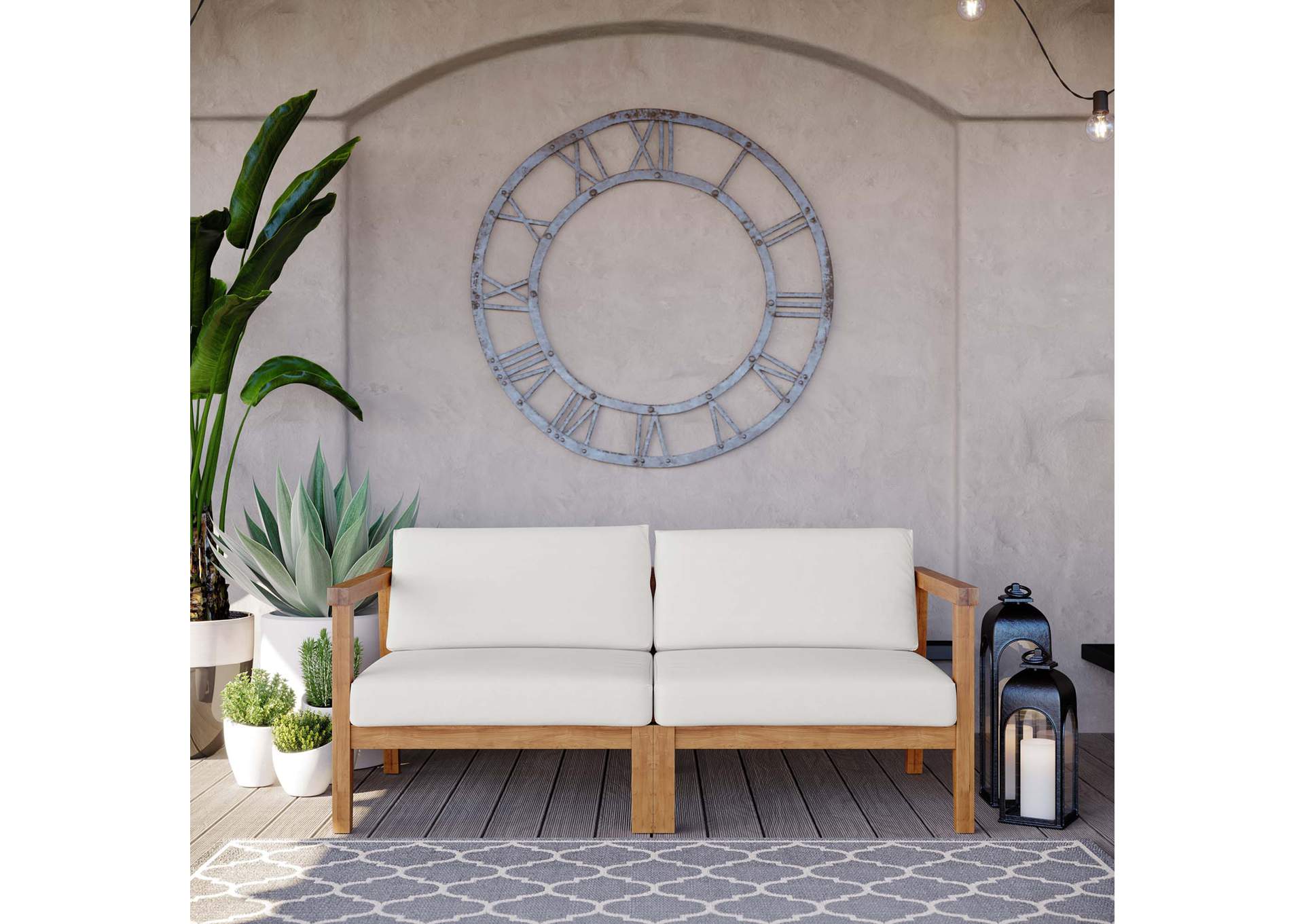 Natural White Bayport Outdoor Patio Teak Wood 2-Seater Loveseat,Modway