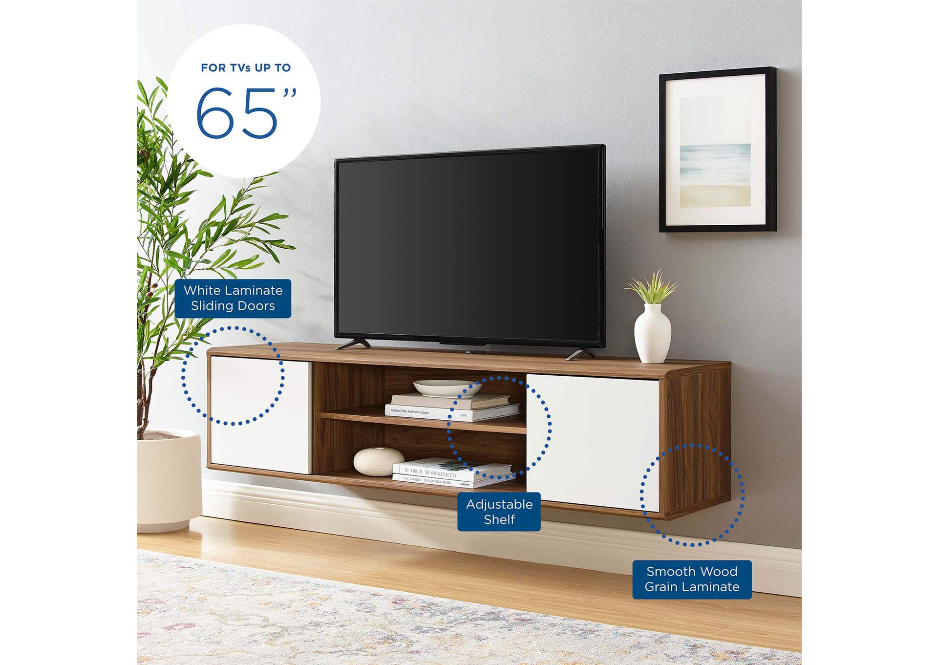 Walnut White Envision 60" Wall Mount TV Stand,Modway