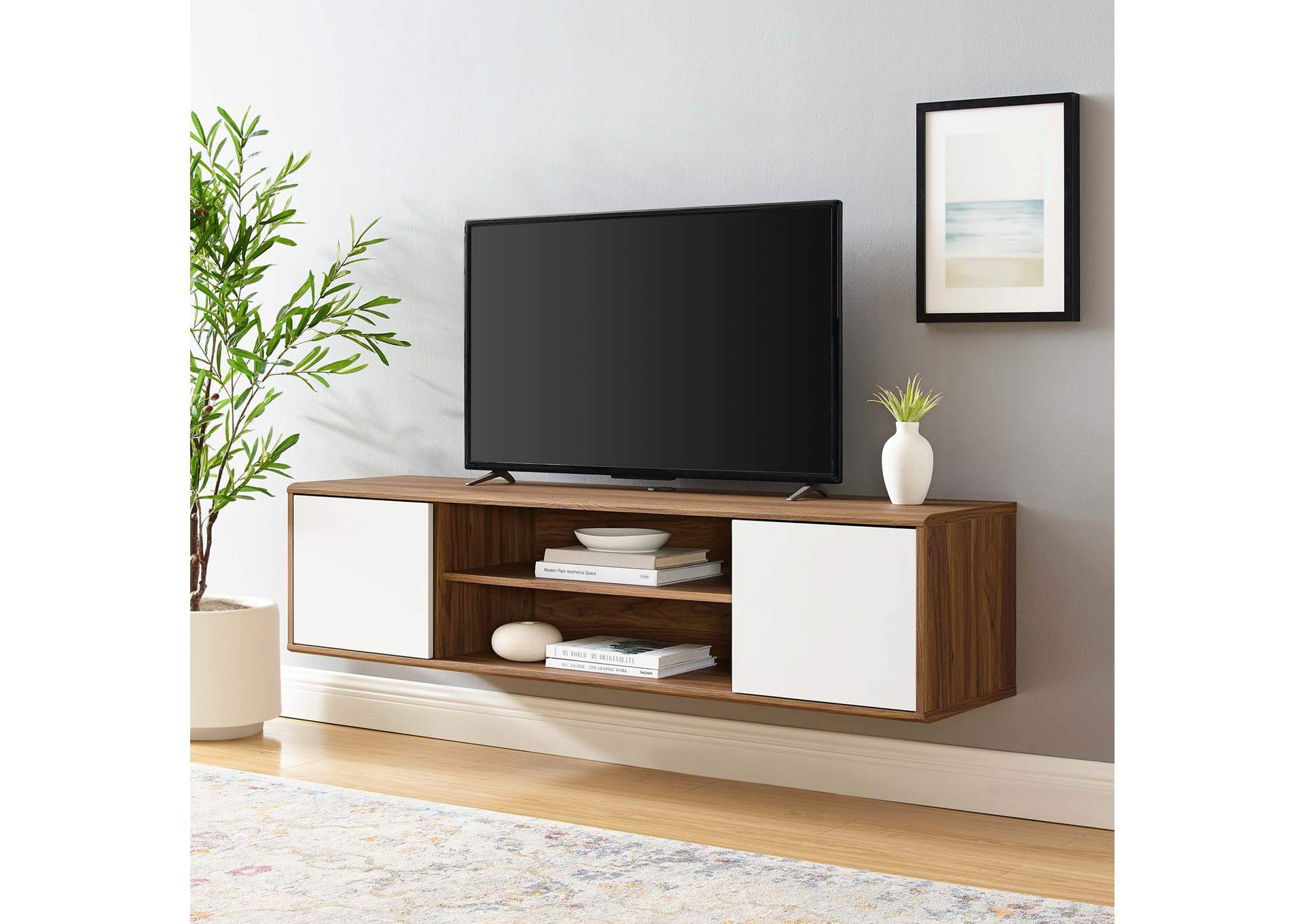 Walnut White Envision 60" Wall Mount TV Stand,Modway