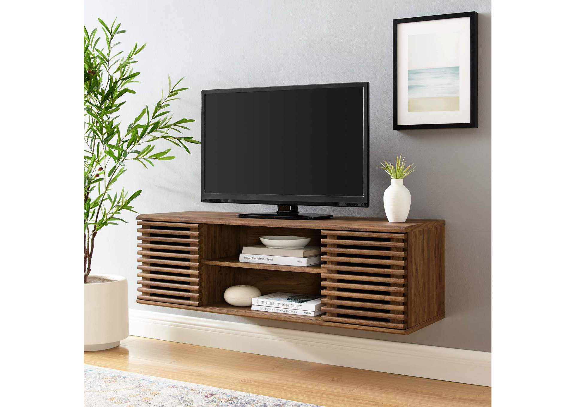 Walnut Render 46" Wall-Mount Media Console TV Stand,Modway