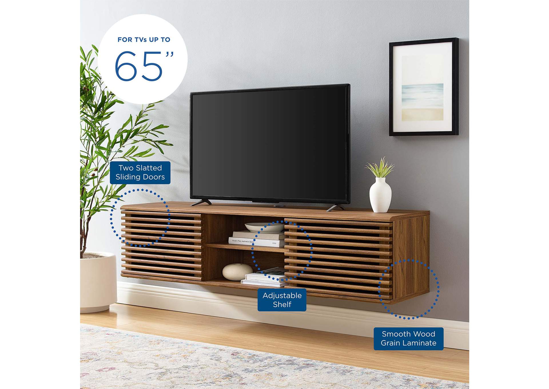 Walnut Render 60" Wall-Mount Media Console TV Stand,Modway