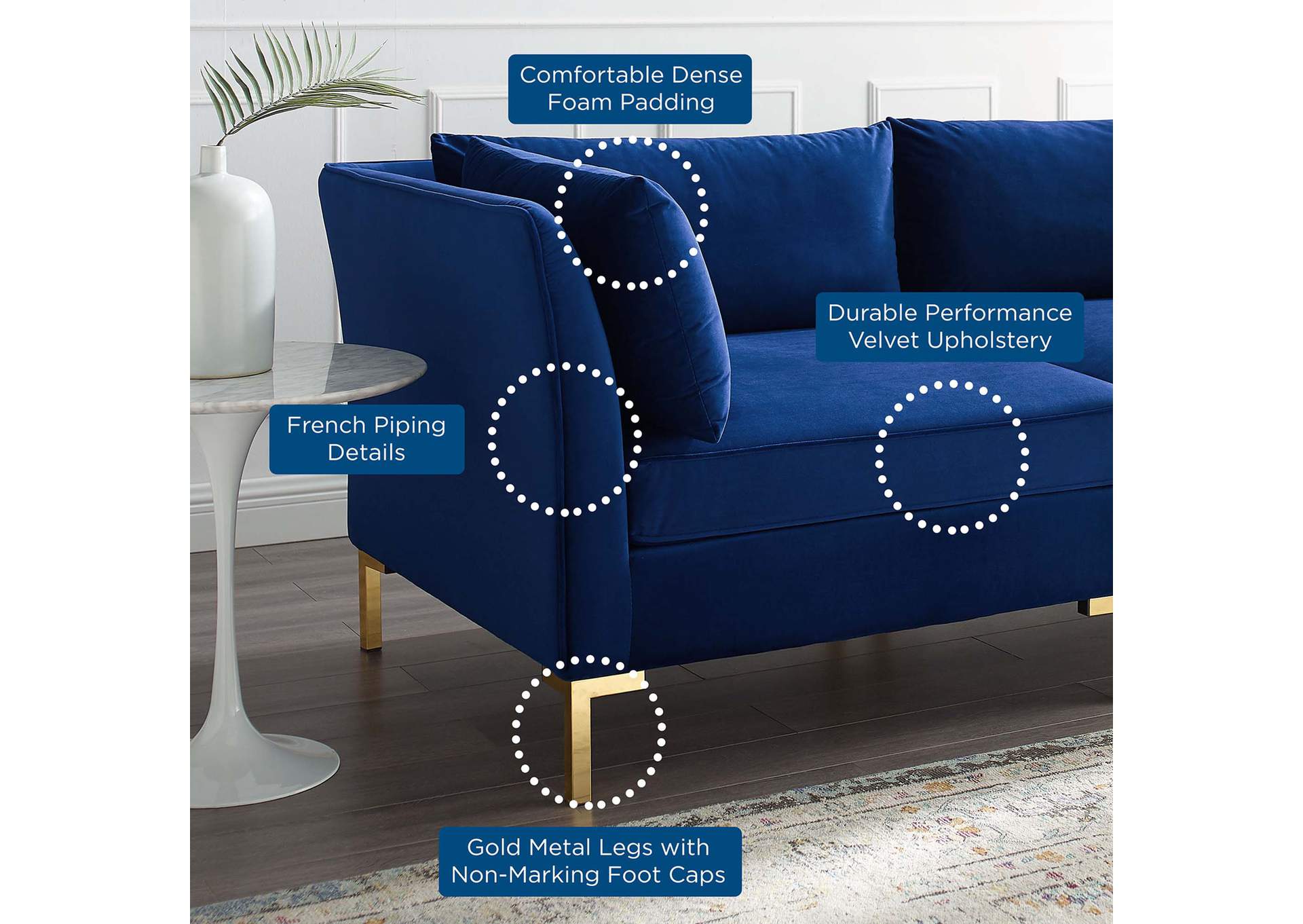 Navy Ardent 4-Piece Performance Velvet Sectional Sofa,Modway