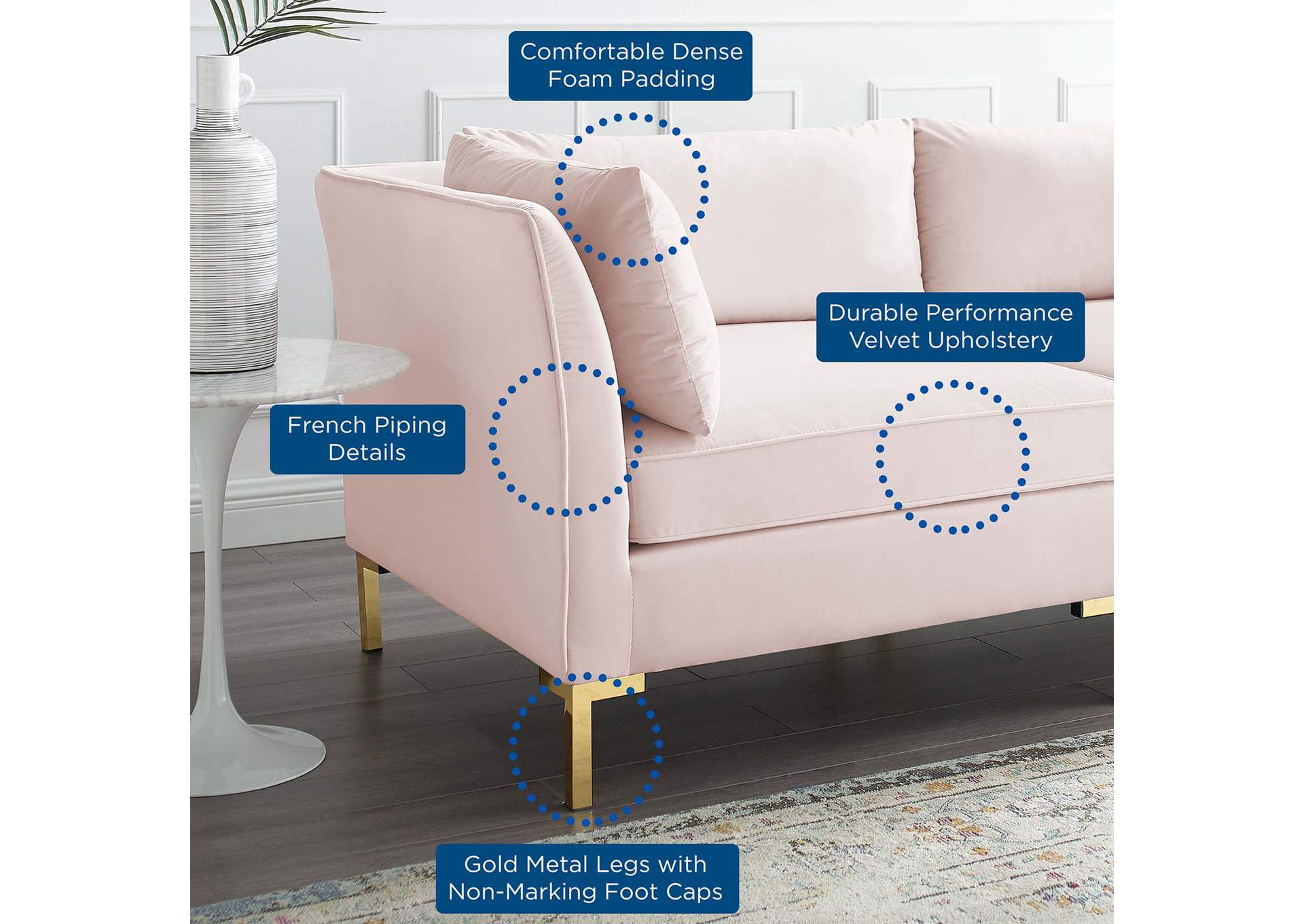 Pink Ardent 4-Piece Performance Velvet Sectional Sofa,Modway
