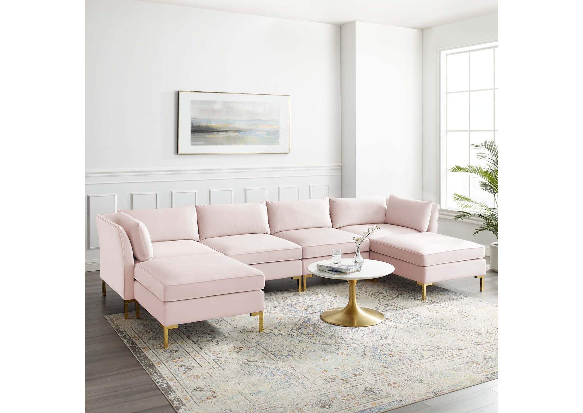 Pink Ardent 6-Piece Performance Velvet Sectional Sofa,Modway