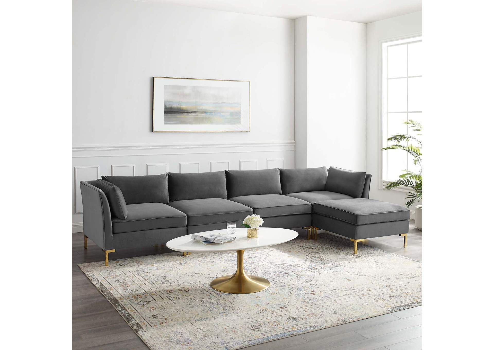 Gray Ardent 5-Piece Performance Velvet Sectional Sofa,Modway