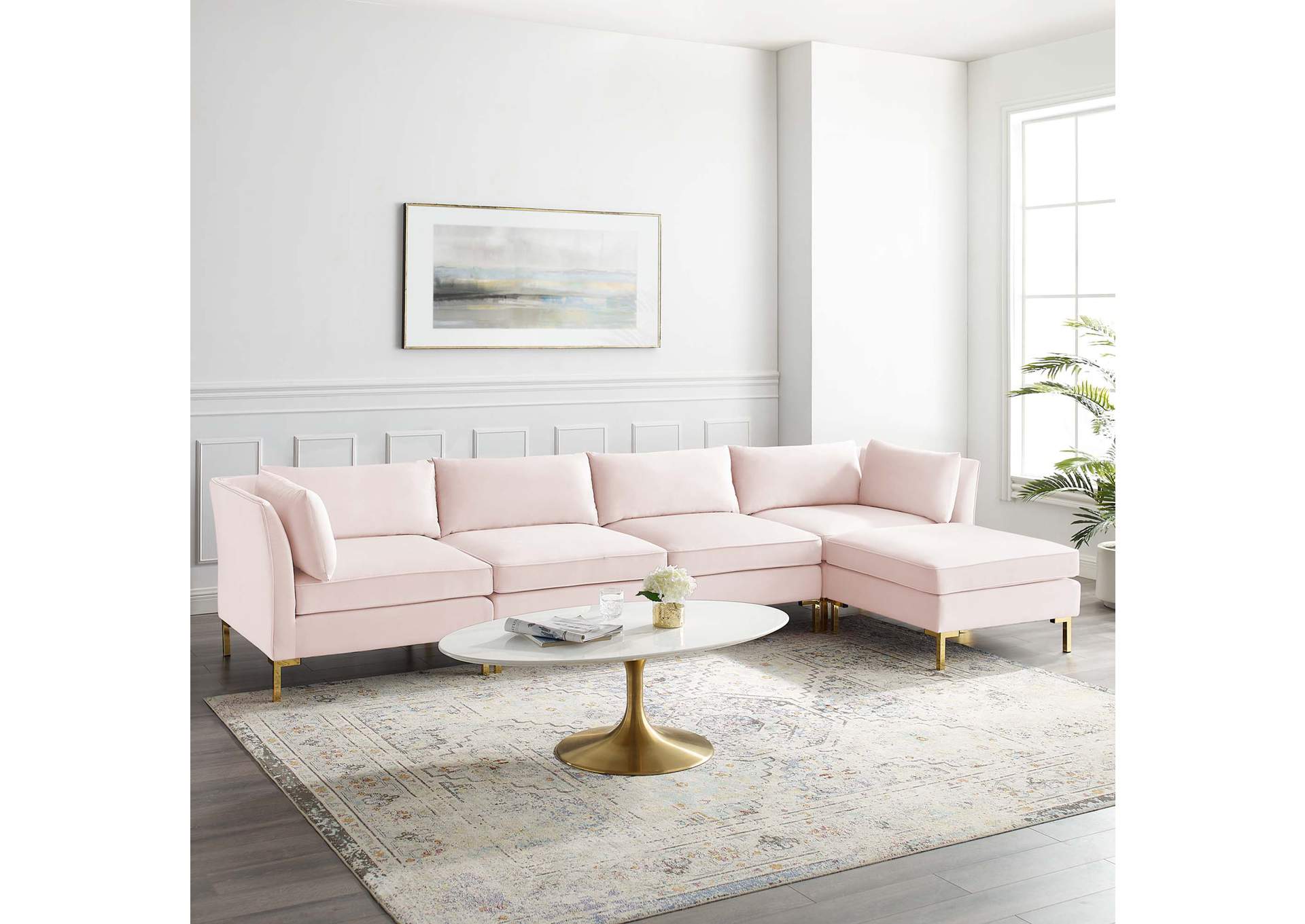 Pink Ardent 5-Piece Performance Velvet Sectional Sofa,Modway