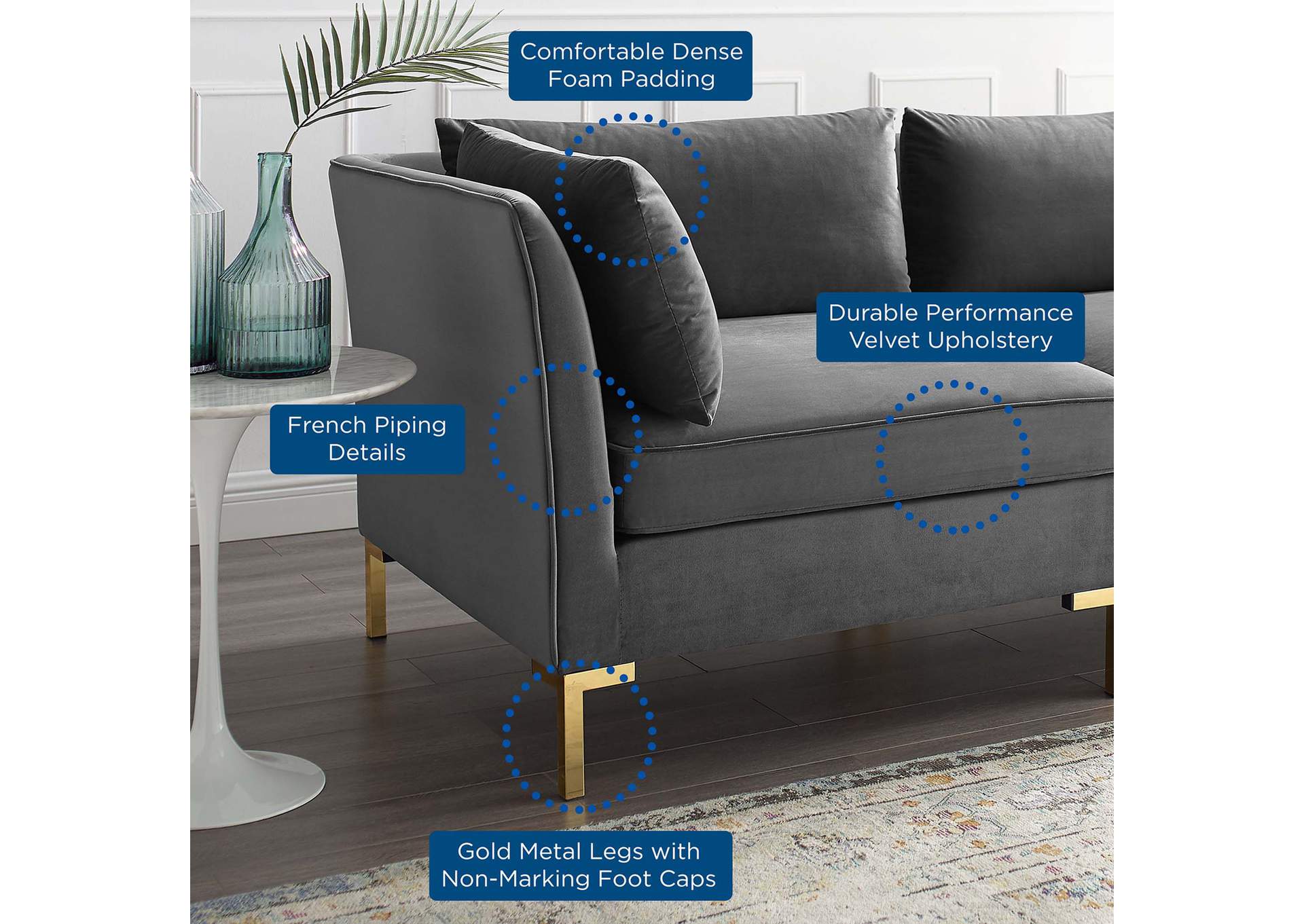 Gray Ardent 5-Piece Performance Velvet Sectional Sofa,Modway